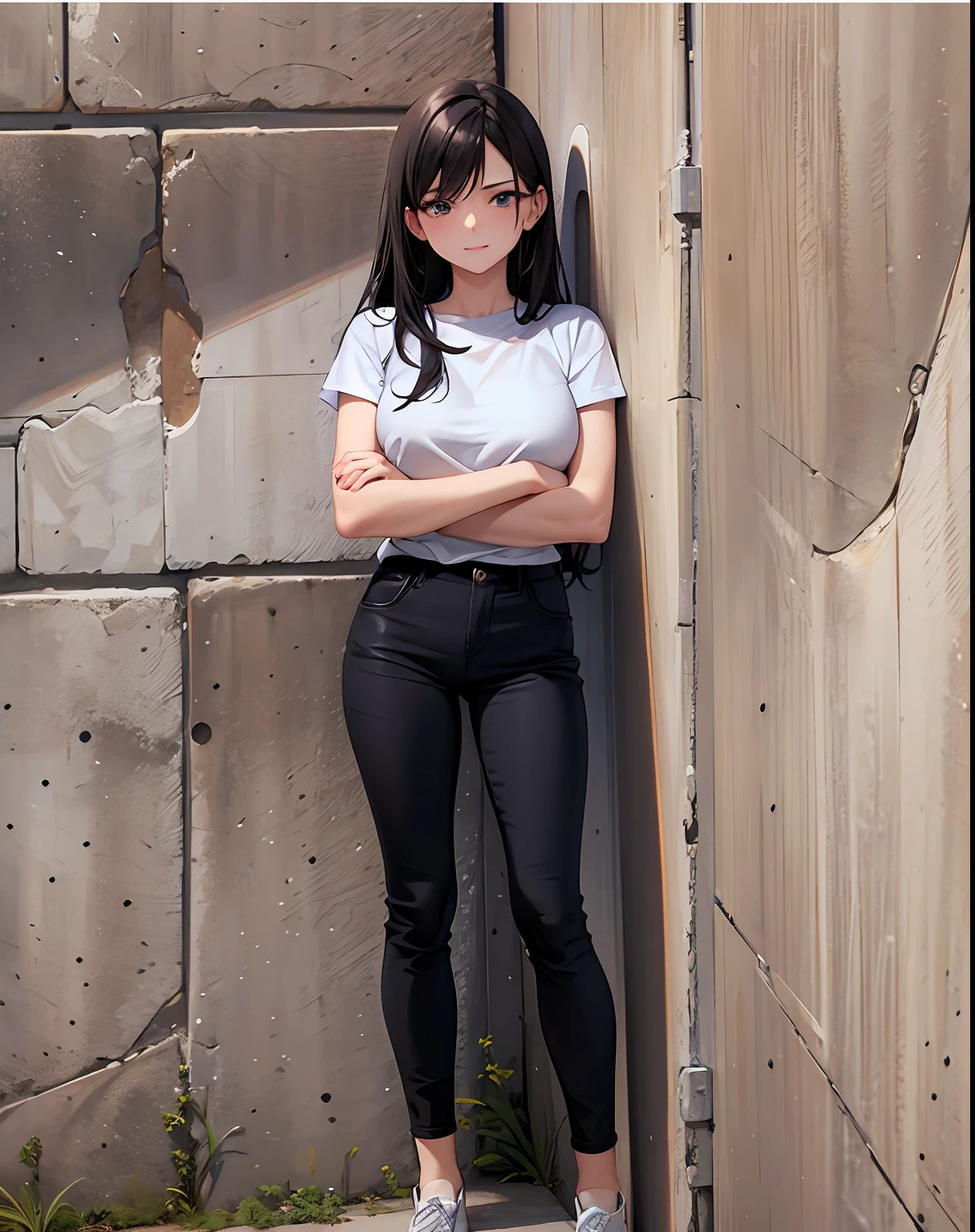 1woman leaning against a wall with her arms crossed, leaning against the wall, leaning on the wall, casual pose, full body picture, full body photogenic shot, full body photograph, portrait full body, in front of white back drop, dressed in a white t shirt, standing in an alleyway, on a large marble wall, best quality, masterpiece, anime style, 1girl, 15 years old, best face, rim lighting, (high detailed skin:1.2), 8k uhd, high quality, high resolution, 4k, 8k, bokeh, absurdres, best ratio four finger and one thumb, amazing ilustration, best background matching, anime style 4 k, beautiful background, ultra hd 8K, black hair, medium hair, slim body, tall body, medium breast, black eyes, detailed eyes, beautiful eyes, simetrical eyes, detailed pupil, white t-shirt, best anatomy, cute face, beautiful face, smile