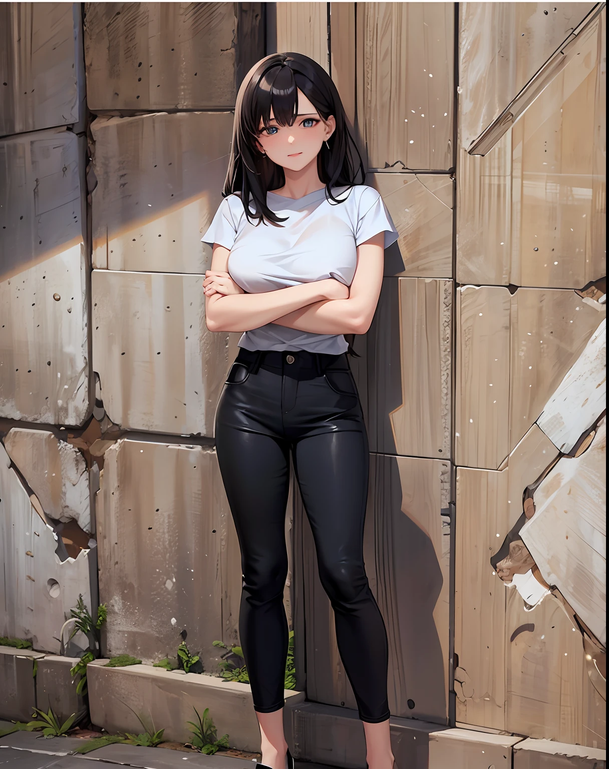 1woman leaning against a wall with her arms crossed, leaning against the wall, leaning on the wall, casual pose, full body picture, full body photogenic shot, full body photograph, portrait full body, in front of white back drop, dressed in a white t shirt, standing in an alleyway, on a large marble wall, best quality, masterpiece, anime style, 1girl, 15 years old, best face, rim lighting, (high detailed skin:1.2), 8k uhd, high quality, high resolution, 4k, 8k, bokeh, absurdres, best ratio four finger and one thumb, amazing ilustration, best background matching, anime style 4 k, beautiful background, ultra hd 8K, black hair, medium hair, slim body, tall body, medium breast, black eyes, detailed eyes, beautiful eyes, simetrical eyes, detailed pupil, white t-shirt, best anatomy, cute face, beautiful face, smile