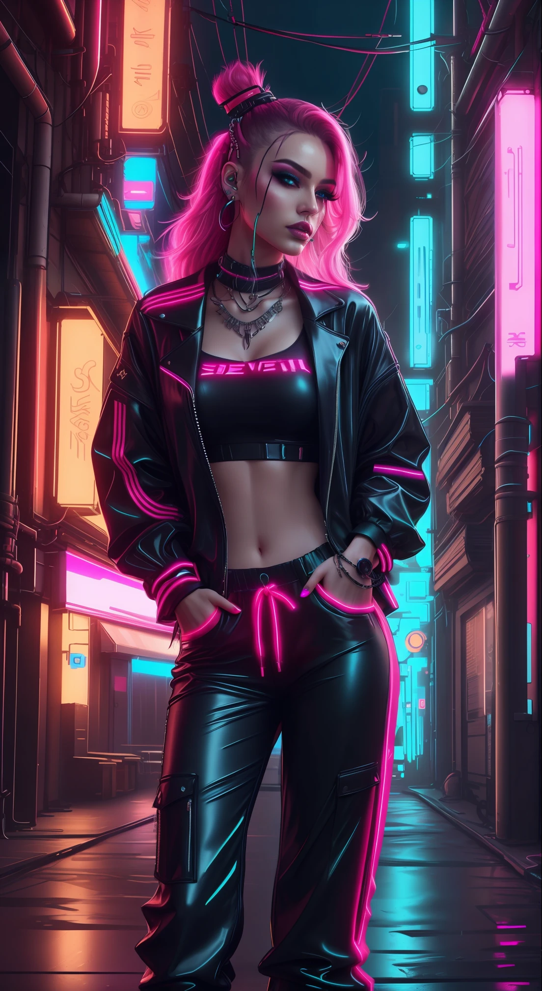 a close up of a woman in a neon outfit, cyberpunk vibe, cyberpunk with neon lighting, bright cyberpunk glow, cyberpunk vibes, cyberpunk lighting, cyberpunk style, neon cyberpunk style, in cyberpunk style, cyberpunk look, dreamy cyberpunk girl, cyberpunk photo, neon cyberpunk, cyberpunk aesthetic, cyberpunk streetwear, aesthetic cyberpunk, cyberpunk art style, wearing cyberpunk streetwear,jacket, perfect fingers,neaon hair color, detail texture, detail hair,long Pants neon black, beautiful face,hair wavy,shoes neon black detailed,