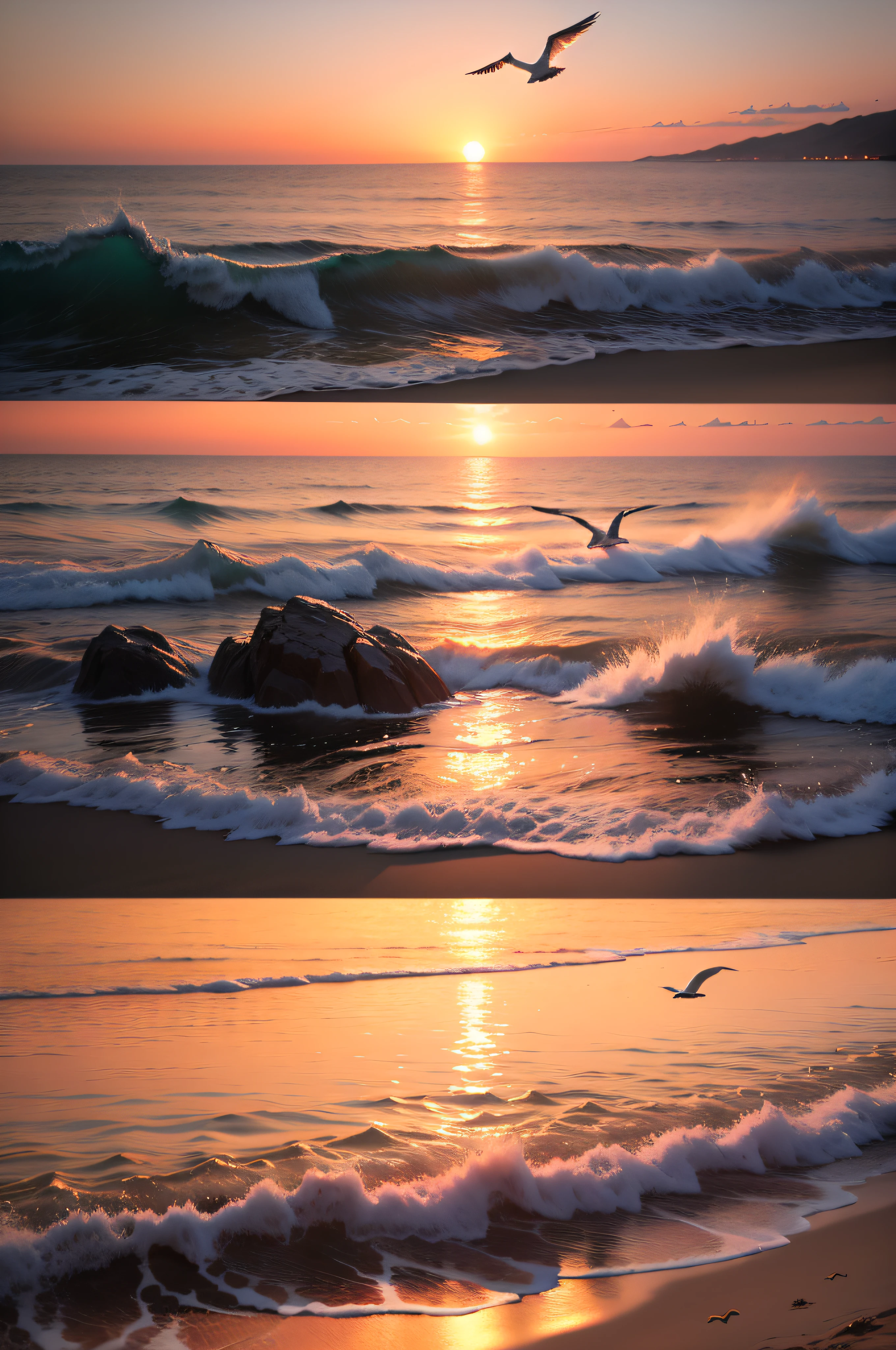 Absolutely mesmerizing sunset on the beach，The sky is mixed with orange、Pink and yellow。The water is crystal clear，Kissing the shore tenderly，The white sand is boundless。The scene is full of movement，breath-taking，Seagulls soar high in the air，Immerse yourself in a calm atmosphere，Let the tranquil surroundings surround you。