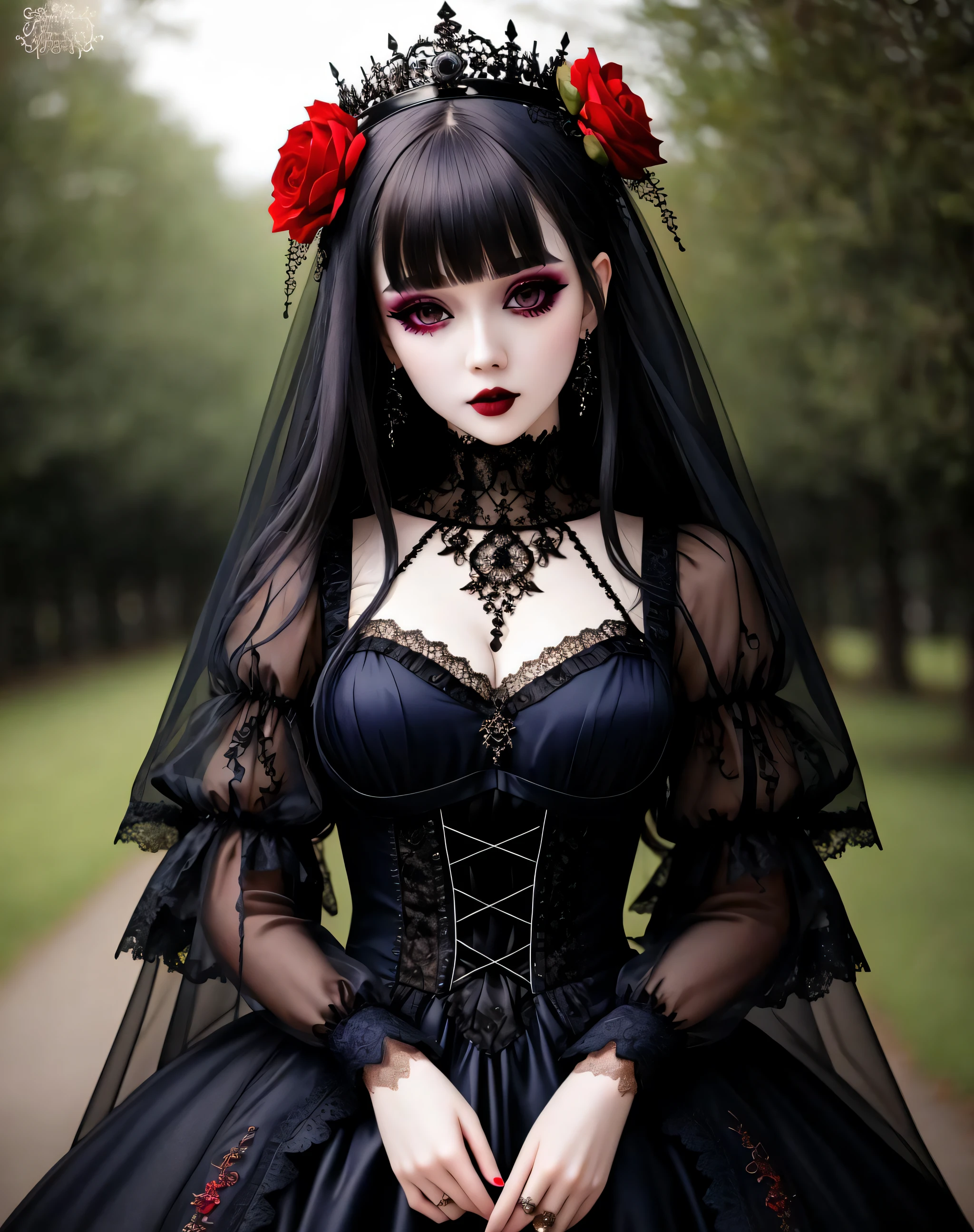 Masterpiece, absurdres,HDR ,highly detailed eyes and face,GothGal, a woman dressed in gothic ballgown holding,runny makeup, see through clothing, lace, embroidery , woman wearing a GothGal outfit, pale white skin, wearing a ballgown