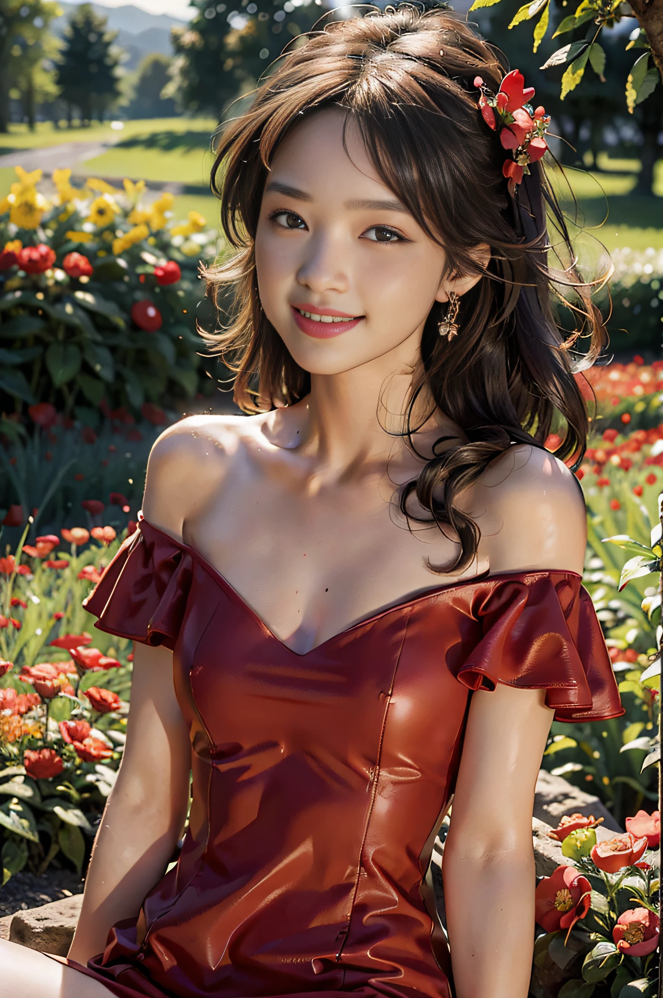 Best quality, masterpiece, ultra high res, (photorealistic:1.4), raw photo, 1woman, red dress, off shoulder, blossom flower field, glowing skin, light smile
