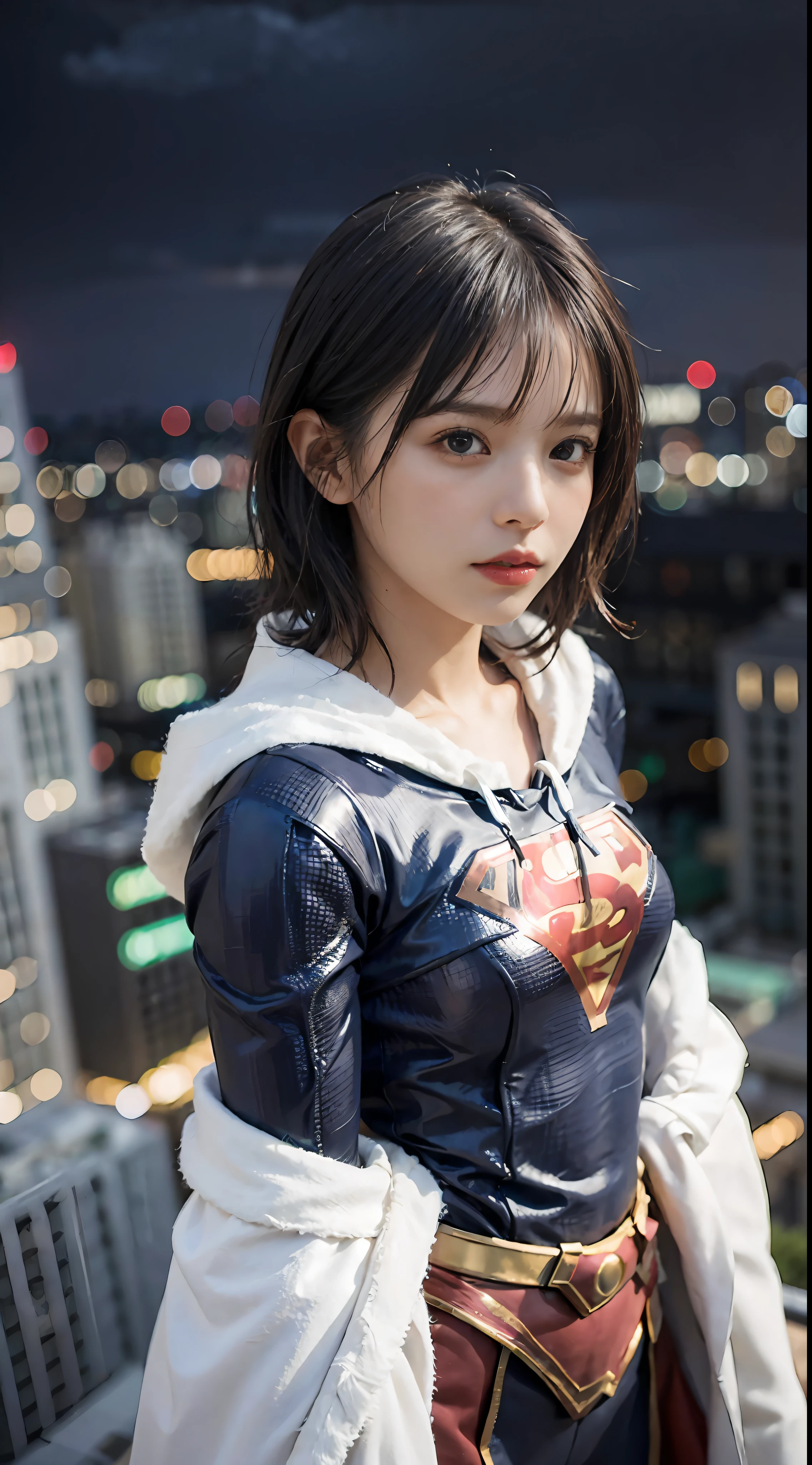 Best Quality, masutepiece, (Photorealistic:2), Ultra High Resolution, Highly detailed, A hyper-realistic, 1girl in, ((Supergirl suit in white)), (Superman's Long Cloak), Spider-Man pattern, colourfull_hair、(((very_short_hair))), Short hair, Slim body, Full Shot, Looking at Viewer, Night, ((On the roof of a high-rise building)), Rain, Dark Scene, Dark atmosphere, light neon, myst, cloudy, Lightning, Detailed background
