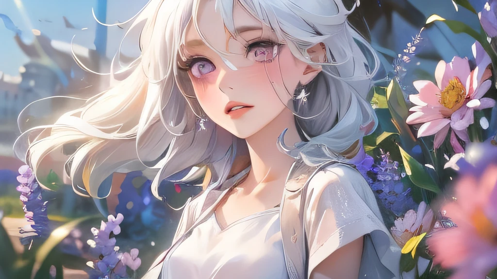 Realistic, 1girl, white hair, purple eyes, glowing eyes, cropped top, skirt, parted lips, blush, night, flowers, sun, sunlight, white skirt, short skirt, medium length hair, real, warm colors, white short Dress, white clothes, light background color, day environment, bright color background, saudi, ocean, cute,