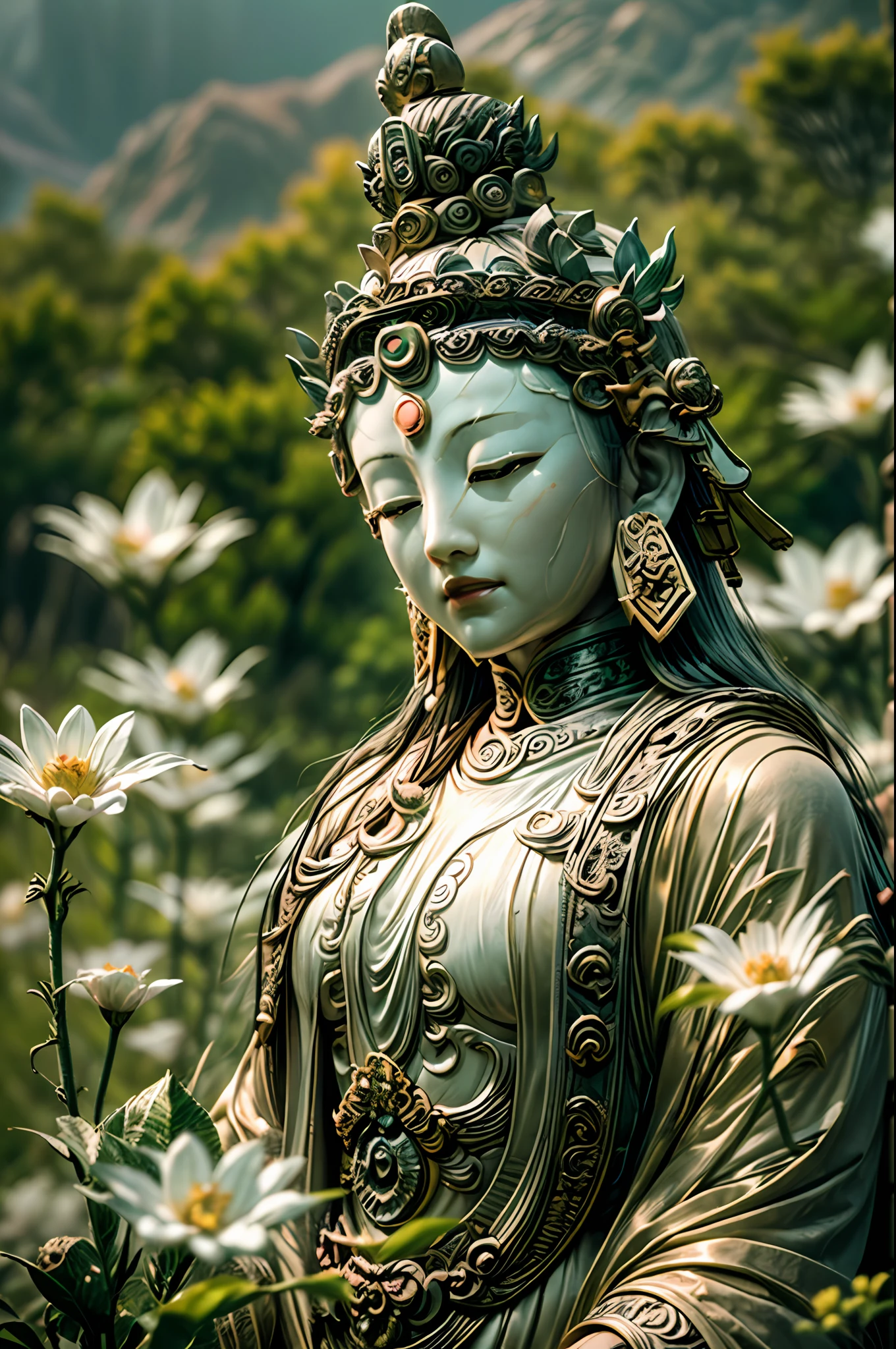(masterpiece, high resolution:1.4), (photo of the Goddess Guanyin:1.4), (standing in a vast and lush green open field:1.2), (Sony Alpha 1 camera, renowned for capturing exceptional detail and vibrant colors:1.2), (paired with the Sony FE 24-70mm f/2.8 GM lens for versatile and sharp shots:1.2), (the Goddess Guanyin with a serene and compassionate expression:1.1), (her majestic and graceful presence radiating tranquility and wisdom:1.1), (Sony Alpha 1 camera capturing the intricate details of her attire and features:1.2), (her eyes shining with compassion and love:1.1), (her hands held in a gesture of blessing and protection:1.1), (surrounded by blooming flowers and gentle breezes:1.1), (a soft and ethereal glow enveloping her divine form:1.1), (the green field symbolizing renewal and growth:1.1), (a sense of peace and harmony in the open space:1.1), (the photo capturing the essence of Guanyin's divine presence:1.1), (a moment frozen in time, capturing the awe and reverence inspired by the Goddess:1.1), (an image that exudes the beauty and divinity of Guanyin in the tranquil setting of a green field:1.1), Cinematic, Hyper-detailed, insane details, Beautifully color graded, Unreal Engine, DOF, Super-Resolution, Megapixel, Cinematic Lightning, Anti-Aliasing, FKAA, TXAA, RTX, SSAO, Post Processing, Post Production, Tone Mapping, CGI, VFX, SFX, Insanely detailed and intricate, Hyper maximalist, Hyper realistic, Volumetric, Photorealistic, ultra photoreal, ultra-detailed, intricate details, 8K, Super detailed, Full color, Volumetric lightning, HDR, Realistic, Unreal Engine, 16K, Sharp focus, Octane render