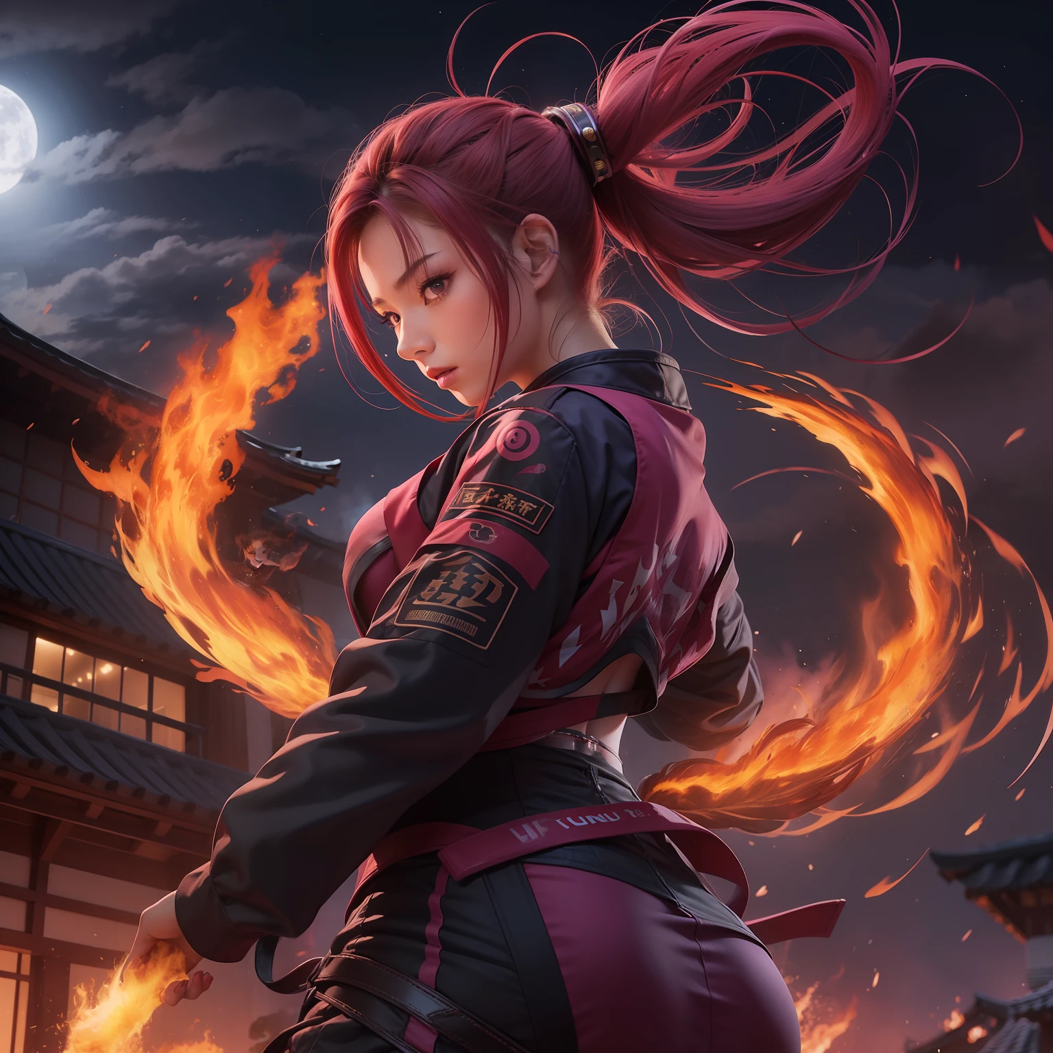 18 yo girl,erotic open kunoichi suit, braid ponytail magenta highlights hair,roof,night,moonlight,attack poses with fire flame tornado around the girl,