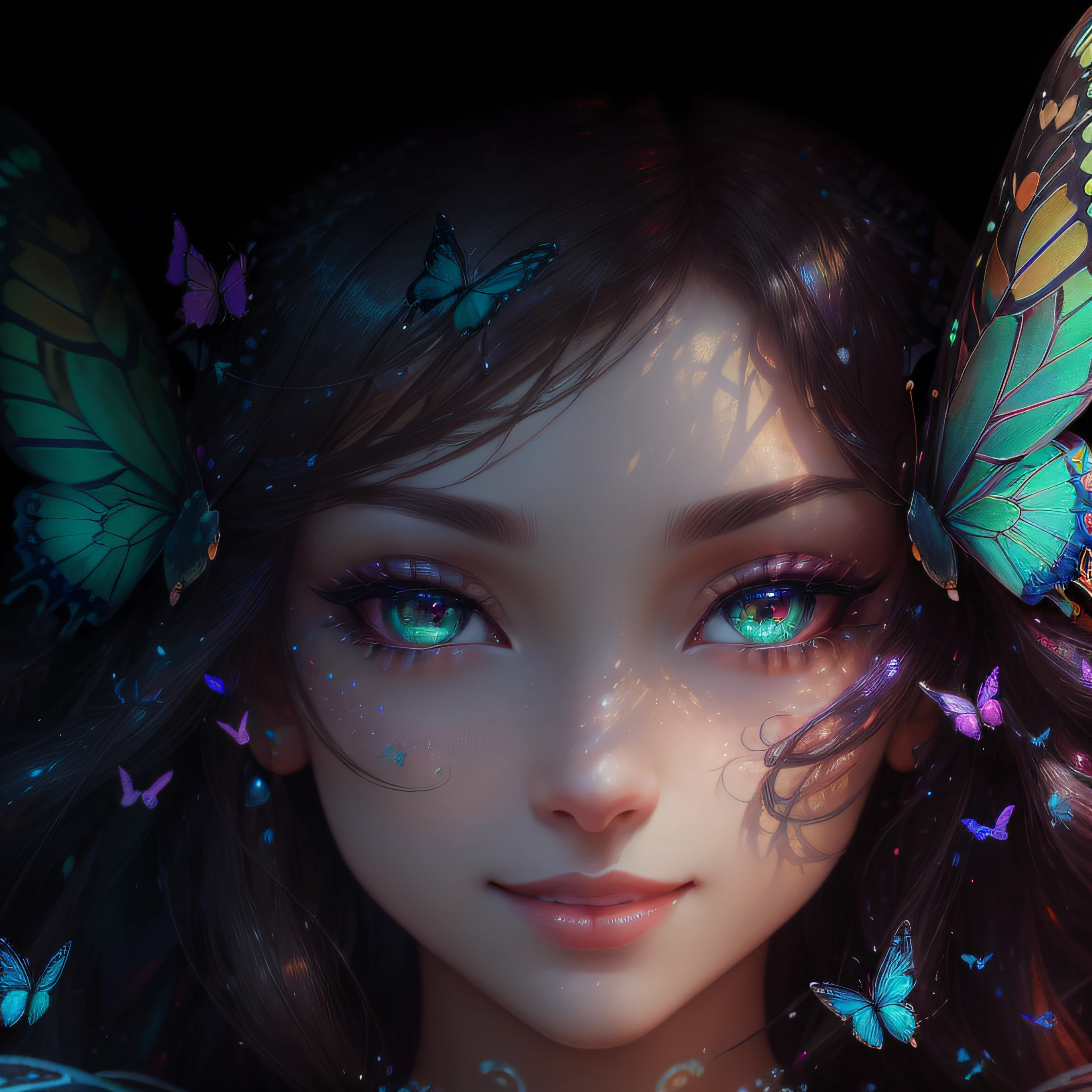 (clear large round contoured eyes,、Sapphire green eyes、Glowing eyes、Eye Gloss)(grin、Open lips、teeth are slightly visible、Red colored lips、lipgloss)、close-up of the smile face、dreamlikeart、Highly detailed airbrush art、intricate detailes、Volumetric lighting、top-quality、The ultra-detailliert、The composition of the movement、Highly detailed colorful details、Irridescent color、Bright lighting、dream-like、Magical、dynamic compositions、The mirror reflects light、Shallow depth of field、ultra-detailliert、mixing exposure、Super masterpiece、vivd colour、colourfull、One woman's face、Cute cat、Anthropomorphic representation、Rich colors、exquisitedetails、(butterflys,Exquisite butterflies,Ultra CG), (High resolution:1.5)、Colorful、Bright background、Dynamic and breathtaking scenes、