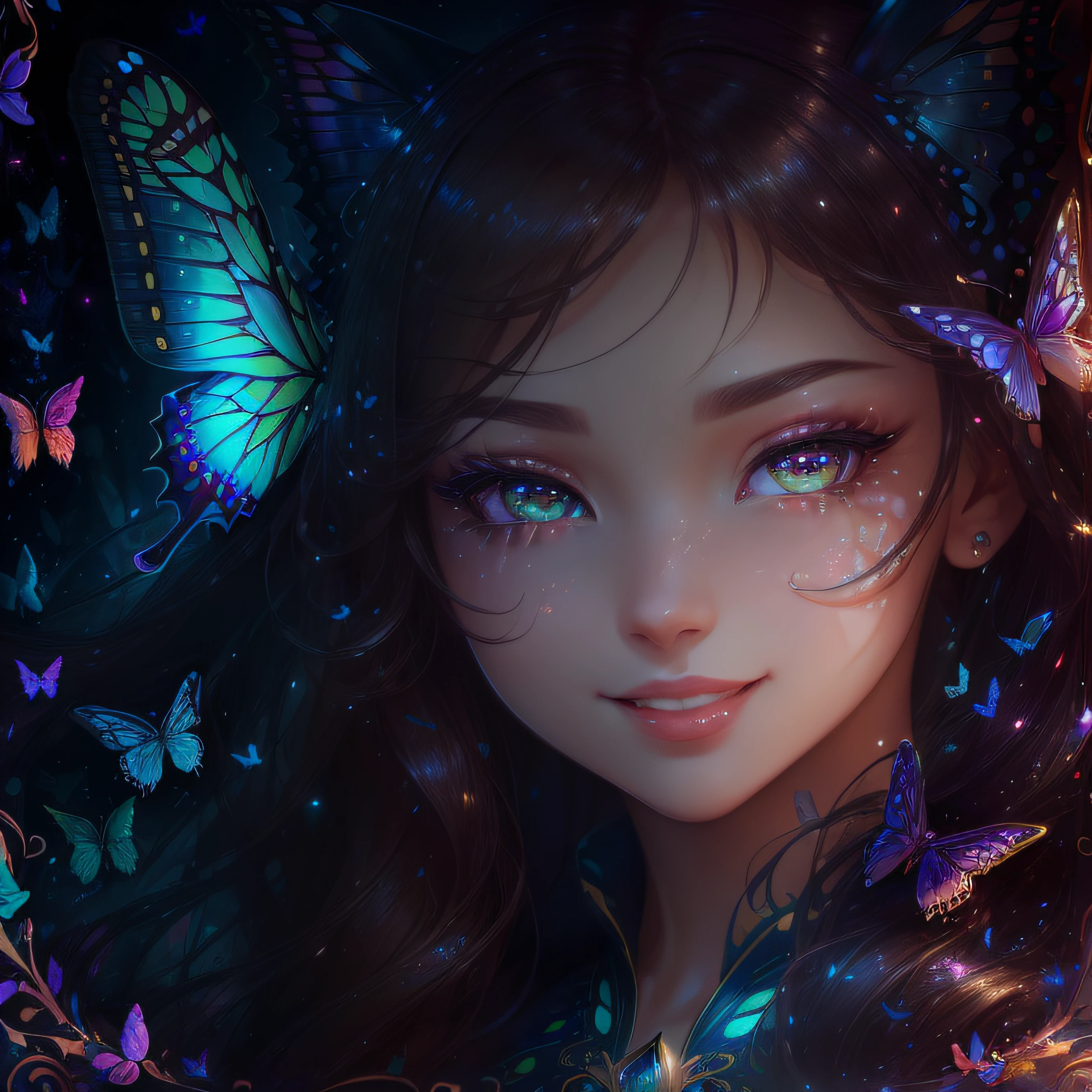 (clear large round contoured eyes,、Sapphire green eyes、Glowing eyes、Eye Gloss)(grin、Open lips、teeth are slightly visible、Red colored lips、lipgloss)、close-up of the smile face、dreamlikeart、Highly detailed airbrush art、intricate detailes、Volumetric lighting、top-quality、The ultra-detailliert、The composition of the movement、Highly detailed colorful details、Irridescent color、Bright lighting、dream-like、Magical、dynamic compositions、The mirror reflects light、Shallow depth of field、ultra-detailliert、mixing exposure、Super masterpiece、vivd colour、colourfull、One woman's face、Cute cat、Anthropomorphic representation、Rich colors、exquisitedetails、(butterflys,Exquisite butterflies,Ultra CG), (High resolution:1.5)、Colorful、Bright background、Dynamic and breathtaking scenes、