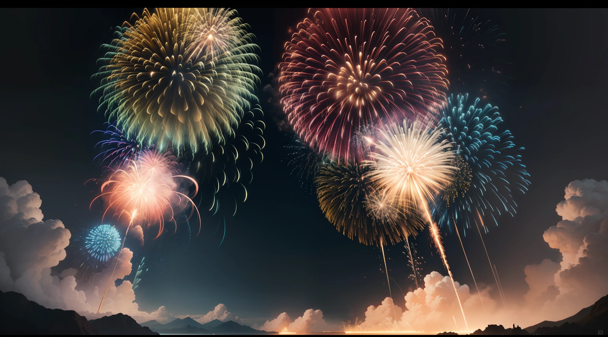 Gorgeous, flashy beautiful fireworks、Dynamic、Dynamism、Towering above Yakushima、Photorealism Based Details Widget 1.3、Ultra-detailed depiction、Cinematic shots with HDR effect、Vignette and center screen、Generate in automatic mode