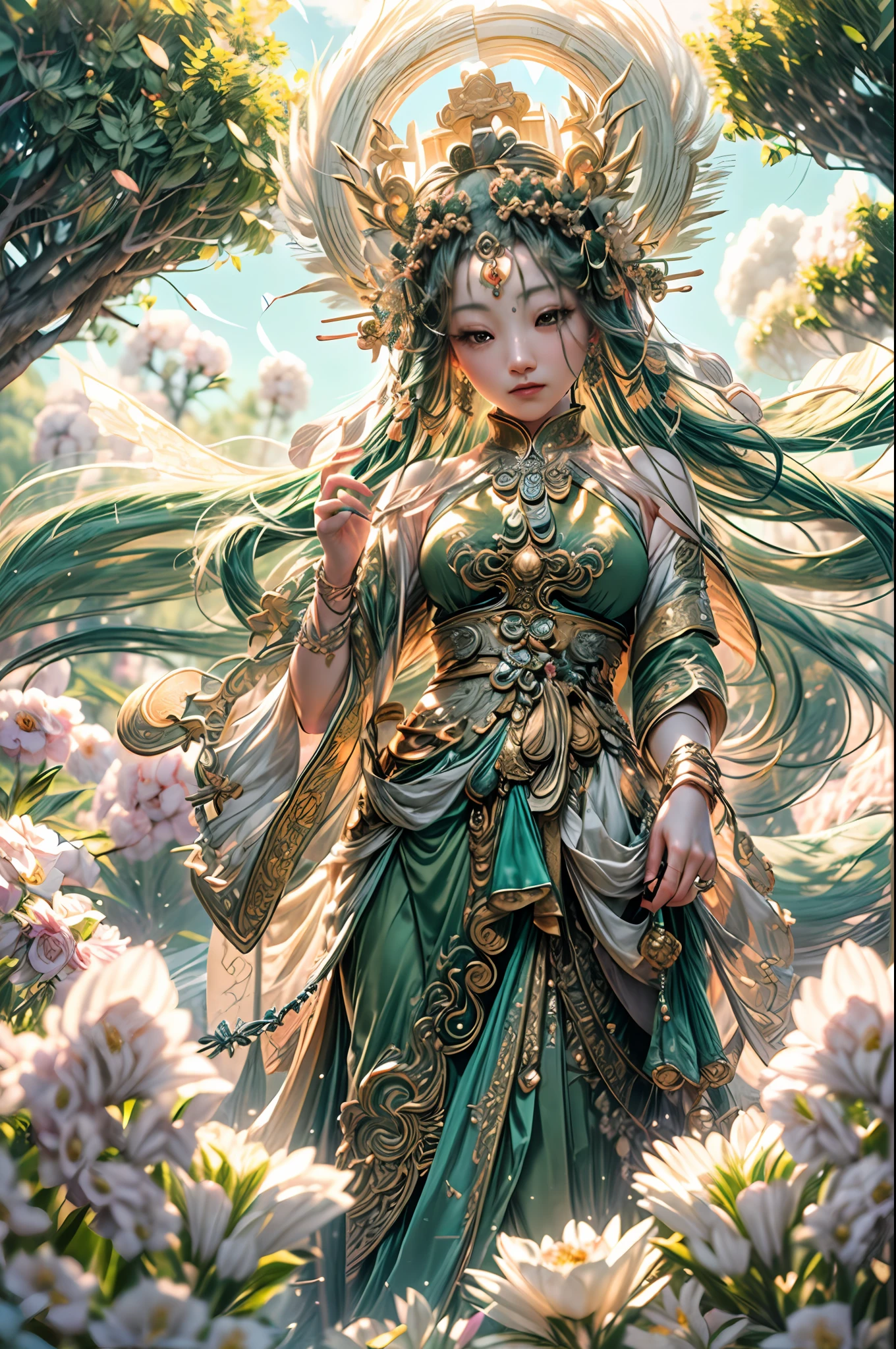 (masterpiece, high resolution:1.4), (photo of the Goddess Guanyin:1.4), (standing in a vast and lush green open field:1.2), (Sony Alpha 1 camera, renowned for capturing exceptional detail and vibrant colors:1.2), (paired with the Sony FE 24-70mm f/2.8 GM lens for versatile and sharp shots:1.2), (the Goddess Guanyin with a serene and compassionate expression:1.1), (her majestic and graceful presence radiating tranquility and wisdom:1.1), (Sony Alpha 1 camera capturing the intricate details of her attire and features:1.2), (her eyes shining with compassion and love:1.1), (her hands held in a gesture of blessing and protection:1.1), (surrounded by blooming flowers and gentle breezes:1.1), (a soft and ethereal glow enveloping her divine form:1.1), (the green field symbolizing renewal and growth:1.1), (a sense of peace and harmony in the open space:1.1), (the photo capturing the essence of Guanyin's divine presence:1.1), (a moment frozen in time, capturing the awe and reverence inspired by the Goddess:1.1), (an image that exudes the beauty and divinity of Guanyin in the tranquil setting of a green field:1.1), Cinematic, Hyper-detailed, insane details, Beautifully color graded, Unreal Engine, DOF, Super-Resolution, Megapixel, Cinematic Lightning, Anti-Aliasing, FKAA, TXAA, RTX, SSAO, Post Processing, Post Production, Tone Mapping, CGI, VFX, SFX, Insanely detailed and intricate, Hyper maximalist, Hyper realistic, Volumetric, Photorealistic, ultra photoreal, ultra-detailed, intricate details, 8K, Super detailed, Full color, Volumetric lightning, HDR, Realistic, Unreal Engine, 16K, Sharp focus, Octane render