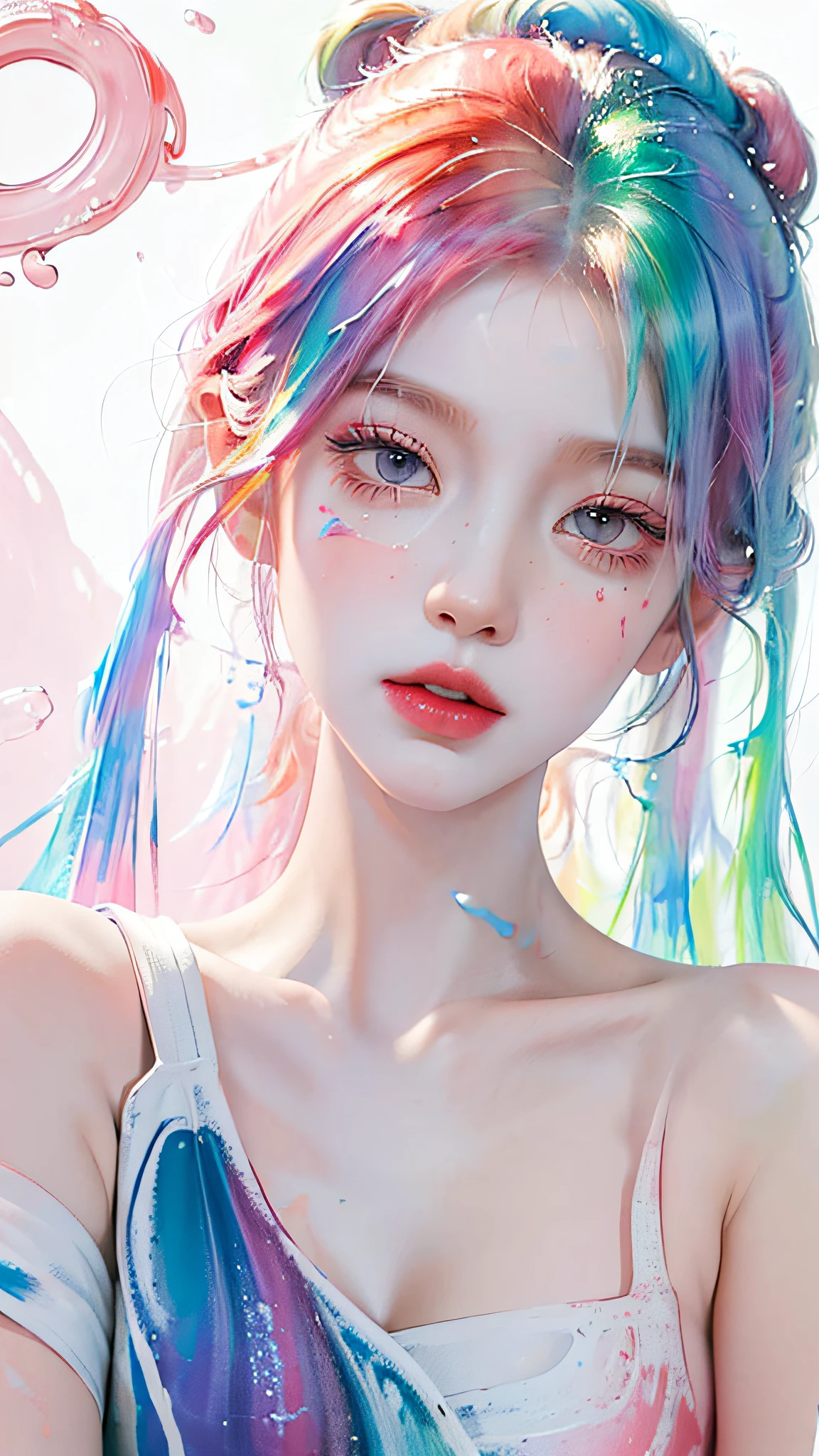 (Masterpiece, Best Quality, High Resolution), White Background, ((Paint Splash, Color Splash, Splash of Ink, Color Splash)), Sweet Chinese Girl, Rainbow Hair, Pink Lips, Front, Upper Body