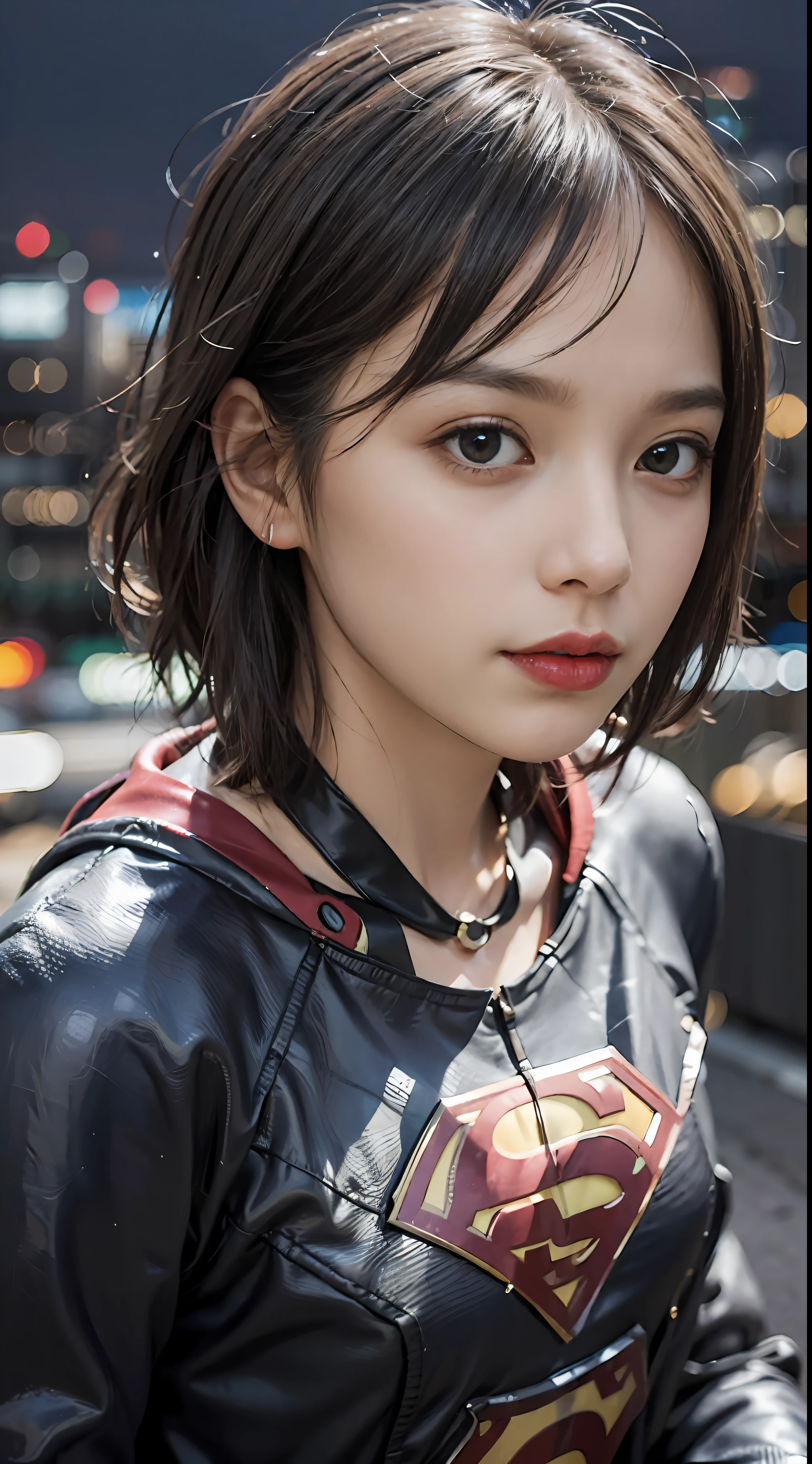 Best Quality, masutepiece, (Photorealistic:2), Ultra High Resolution, Highly detailed, A hyper-realistic, 1girl in, ((Supergirl suit in white)), (Superman's Long Cloak), Spider-Man pattern, colourfull_hair、(((very_short_hair))), Short hair, Slim body, Full Shot, Looking at Viewer, Night, ((On the roof of a high-rise building)), Rain, Dark Scene, Dark atmosphere, light neon, myst, cloudy, Lightning, Detailed background