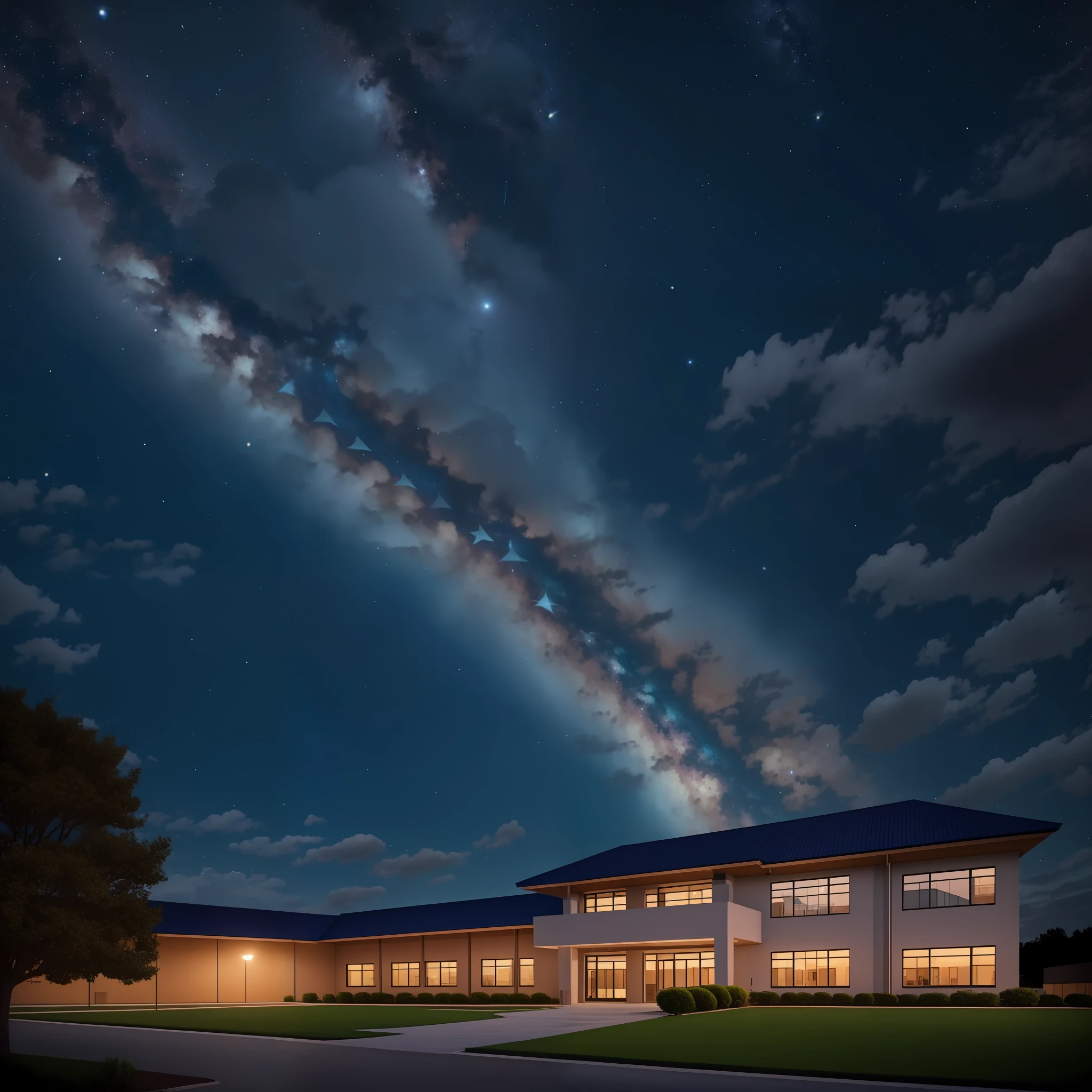 Masterpiece, hd quality, high resolution, portrait, full colour, school building, night, Milky way, nice sky, star, comet, hd, dark, warm temperature, no lamp, tree, cloud, full hd