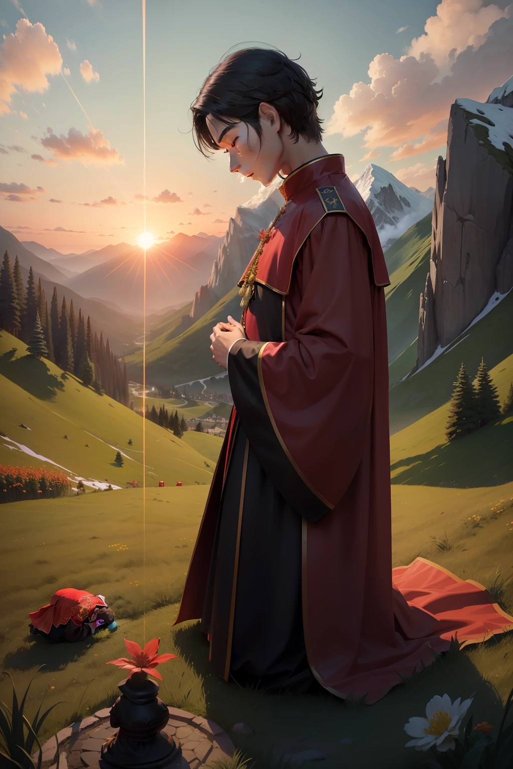 At the foot of the mountain at sunset,A devout believer wears a bright red cassock,Kneel on the bright green grass。He prayed to heaven for spiritual purification and guidance。The surrounding flowers bloom in various colors,Reflecting his devout prayers。He bowed his head to the ground three times,A tribute to nature,Hope to be blessed by the gods
