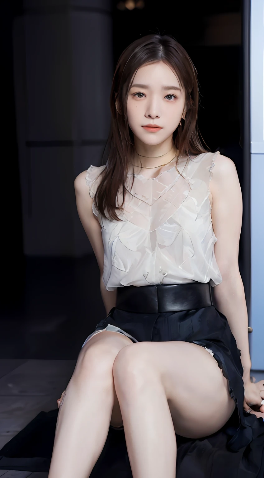 1 girl in(8K、Raw photography、top-quality、masterpiece:1.2)、(realisitic、realisitic:1.37)、ultra-detailliert、Full body shot、realistic eyes and face details、natural skin textures、Dark eyebrows、(((thighs thighs thighs thighs、cross one's legs)))、Fair skin、A detailed face、真实感、Realistic background、Realistic lighting、Sweaty skin