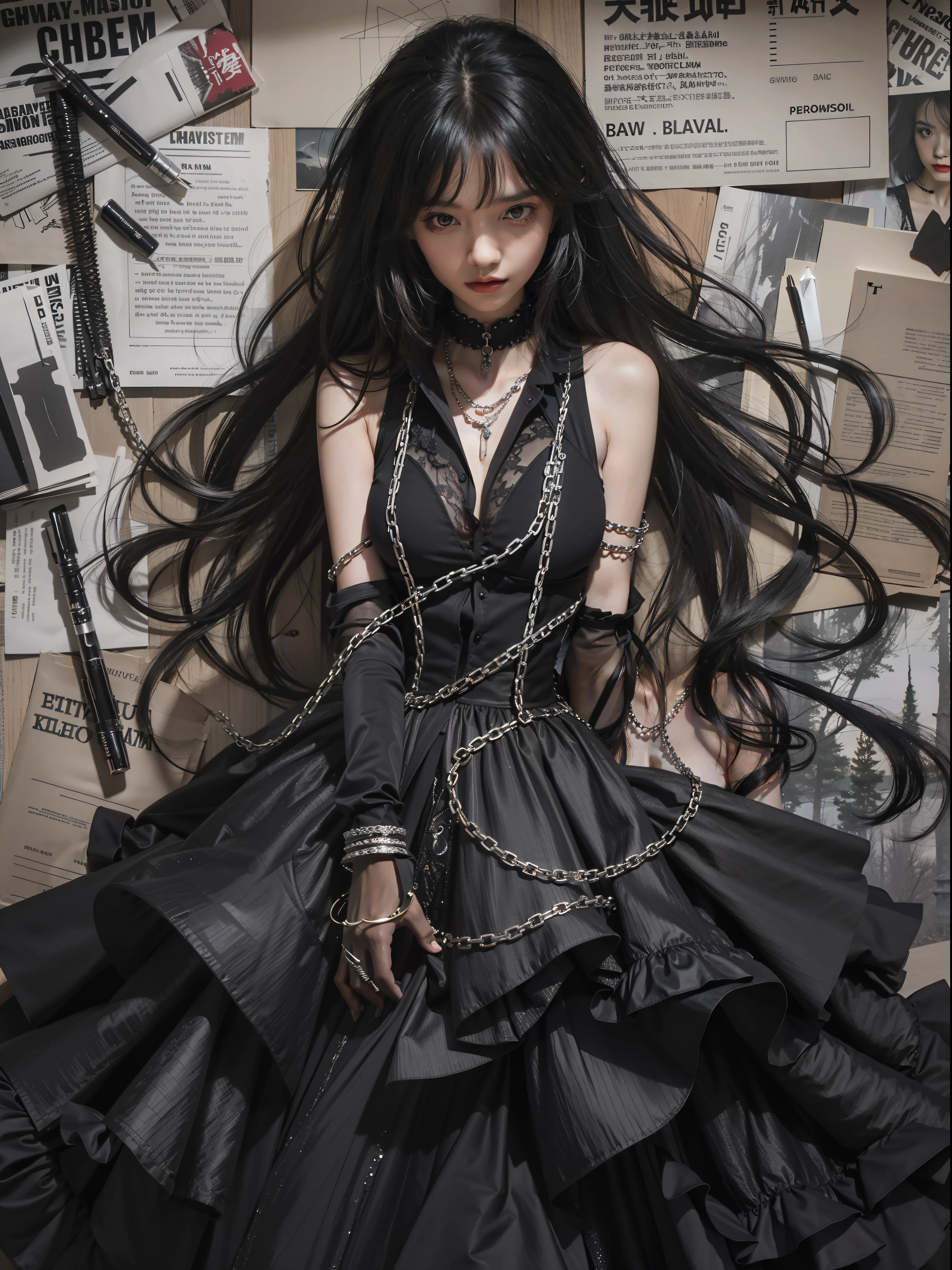 A woman in a gothic black dress, in the style of yuumei, magenta, neck wrapped in steel chains, obvious brushstrokes, clear brushstrokes, story-filled picture, old newspaper stacked paneled background, newspaper elements, pattern, long black hair, galactic eyes, dazzling light, special effects, line drawing, needle pen technique, charcoal brush strokes, clear details, master work
(masterpiece), realistic, HDR, highly detailed, 8k, original photo,
Ambient occlusion, nature, harmonious composition, cool colors, fine art photography,