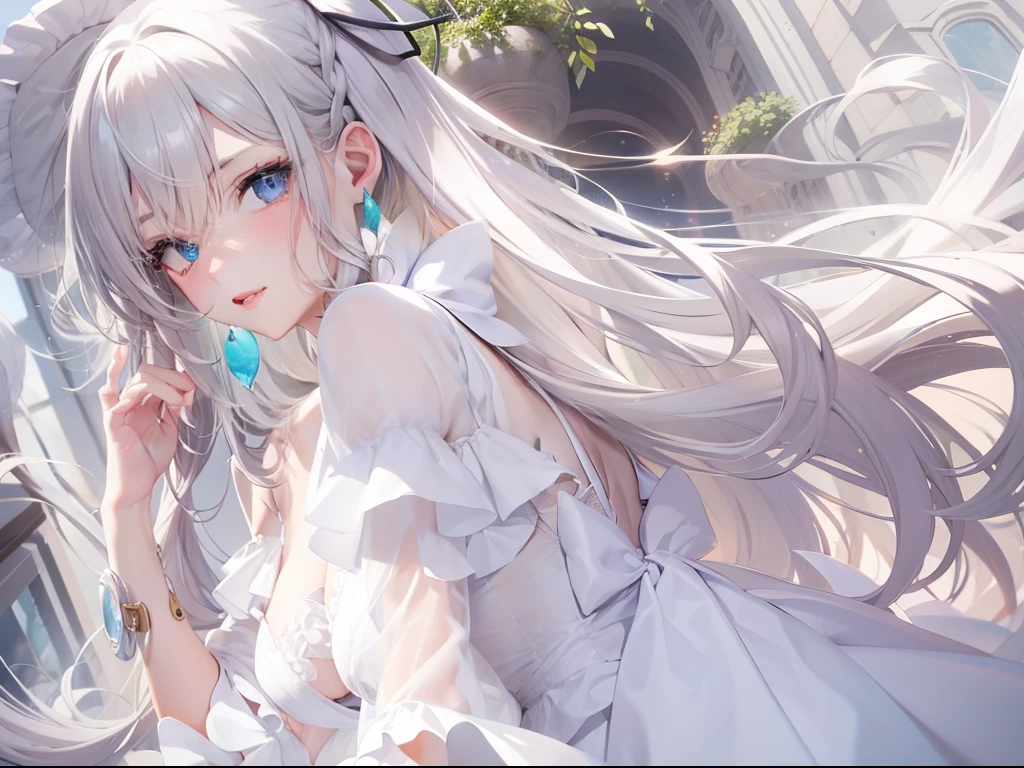 Best quality, tmasterpiece, Sweet and cool 18-year-old girl, Long white hair, eBlue eyes,