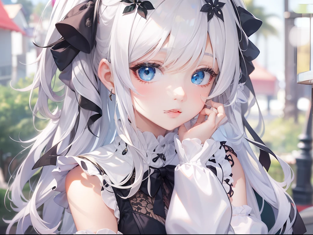 Best quality, tmasterpiece, Sweet and cool 18-year-old girl, Long white hair, eBlue eyes,