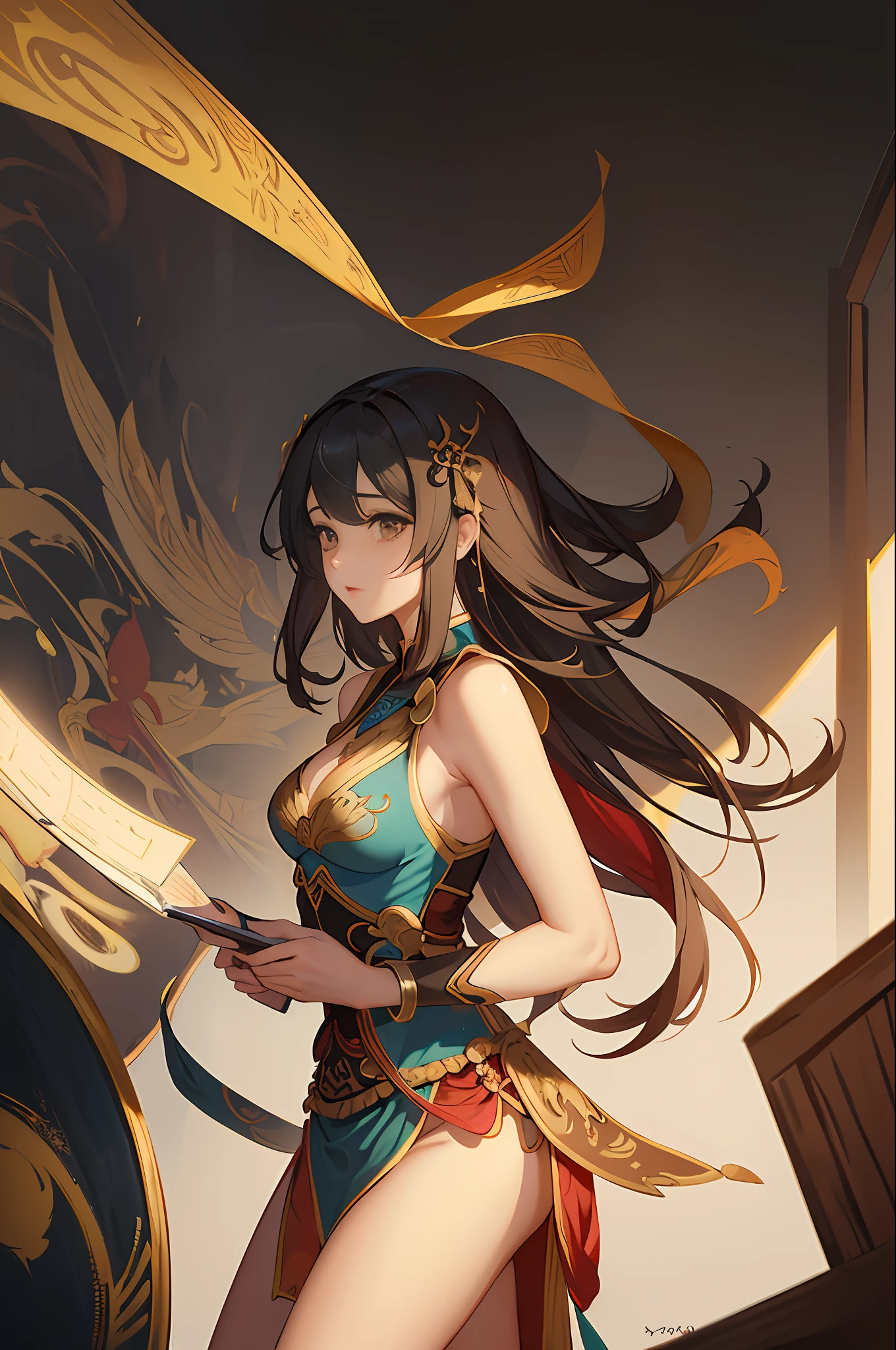 1girl, Dunhuang Flying Apsaras costume, messy long hair, Ji Jian, Dunhuang style, a lot of smoke, superb, elegant colors, (realistic, high detail, masterpiece, super detailed, dynamic angle, mural background, ink wash, amazing, movie lighting, illustration, chiaroscuro, backlighting, god rays, holland, best quality, best quality