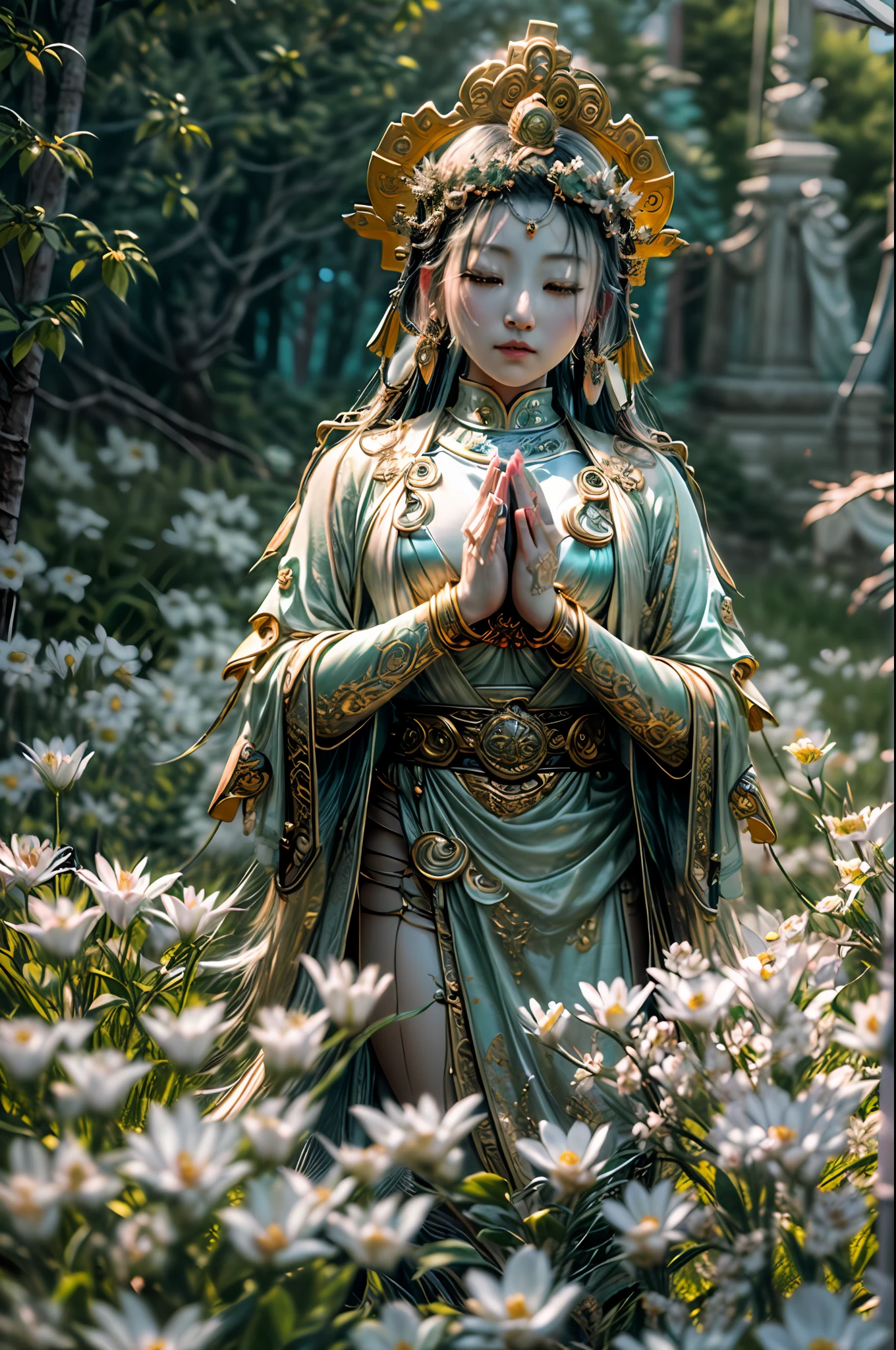 (masterpiece, high resolution:1.4), (photo of the Goddess Guanyin:1.4), (standing in a vast and lush green open field:1.2), (Sony Alpha 1 camera, renowned for capturing exceptional detail and vibrant colors:1.2), (paired with the Sony FE 24-70mm f/2.8 GM lens for versatile and sharp shots:1.2), (the Goddess Guanyin with a serene and compassionate expression:1.1), (her majestic and graceful presence radiating tranquility and wisdom:1.1), (Sony Alpha 1 camera capturing the intricate details of her attire and features:1.2), (her eyes shining with compassion and love:1.1), (her hands held in a gesture of blessing and protection:1.1), (surrounded by blooming flowers and gentle breezes:1.1), (a soft and ethereal glow enveloping her divine form:1.1), (the green field symbolizing renewal and growth:1.1), (a sense of peace and harmony in the open space:1.1), (the photo capturing the essence of Guanyin's divine presence:1.1), (a moment frozen in time, capturing the awe and reverence inspired by the Goddess:1.1), (an image that exudes the beauty and divinity of Guanyin in the tranquil setting of a green field:1.1), Cinematic, Hyper-detailed, insane details, Beautifully color graded, Unreal Engine, DOF, Super-Resolution, Megapixel, Cinematic Lightning, Anti-Aliasing, FKAA, TXAA, RTX, SSAO, Post Processing, Post Production, Tone Mapping, CGI, VFX, SFX, Insanely detailed and intricate, Hyper maximalist, Hyper realistic, Volumetric, Photorealistic, ultra photoreal, ultra-detailed, intricate details, 8K, Super detailed, Full color, Volumetric lightning, HDR, Realistic, Unreal Engine, 16K, Sharp focus, Octane render