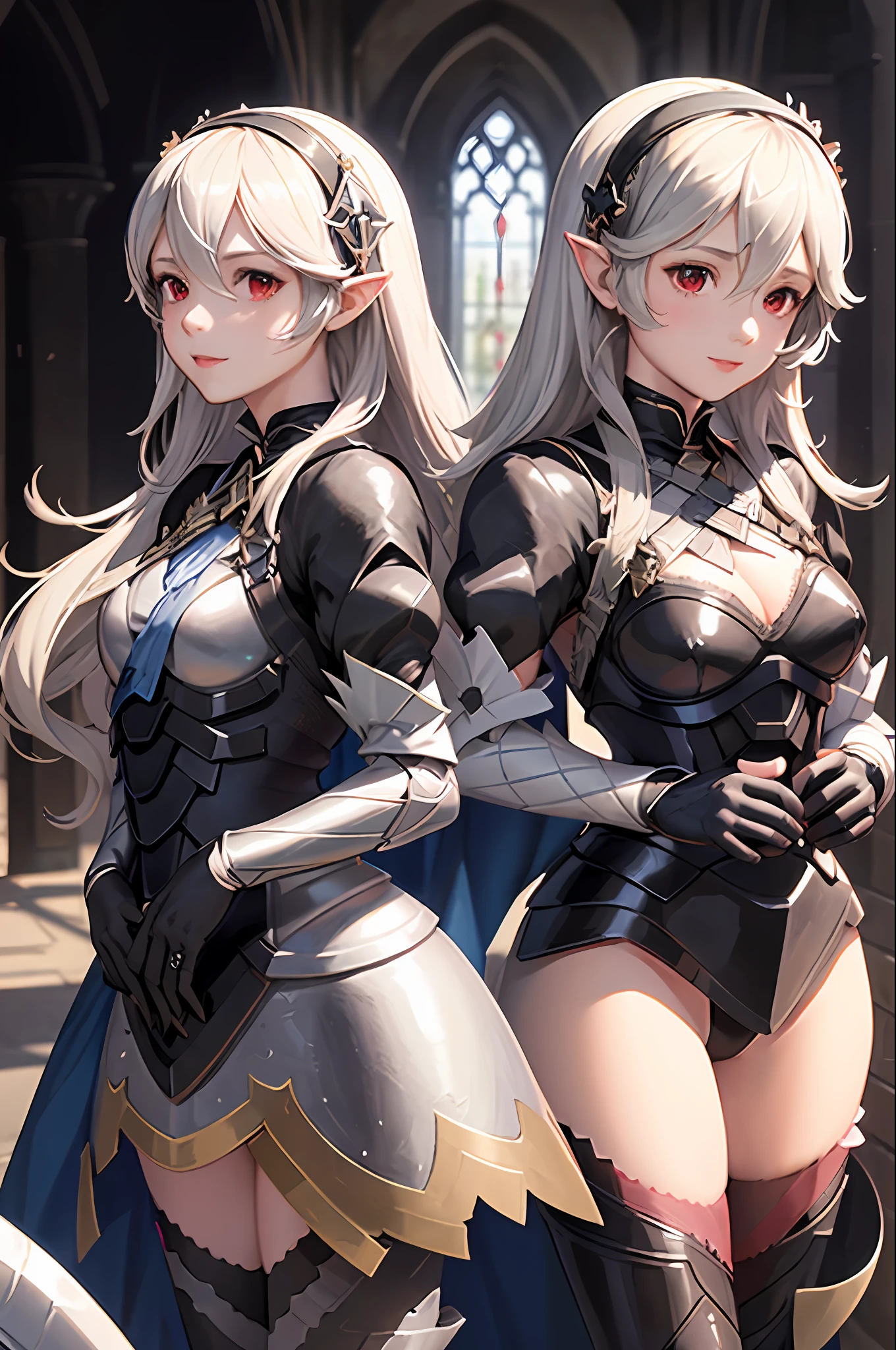 masterpiece, best quality, defCorrin, black hairband, armored dress, blue cape, puffy sleeves, juliet sleeves, vambraces, black gloves, armored legwear, upper body, looking at viewer, castle, gothic architecture, smile, sky, clouds, hands to heart, 3girls, trio, triplets, clones