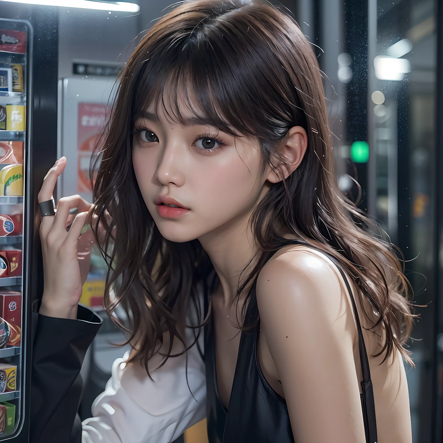 (1人,a 19 years old girl), (Top image quality), (超A high resolution, Photorealsitic), 8K, UHD, cinematlic lighting, beautiful lighting, Professional Writing, Physically Based Rendering, photon maping, A face with attention to detail, Face Highlights, Slim body style, In downtown Osaka、In front of the vending machine、
K-pop singer Leeseo is crouching and picking up coins。Slim body emphasized in black sexy stage costume、Full of sexual characteristics。de pele branca、dark brown hair、Floating hair、Medium hair、Staring、(perfect arms、perfect hand、perfect fingers)、highlydetailed skin、realistic skin detail、Visible Pore、vista de longe、body shot