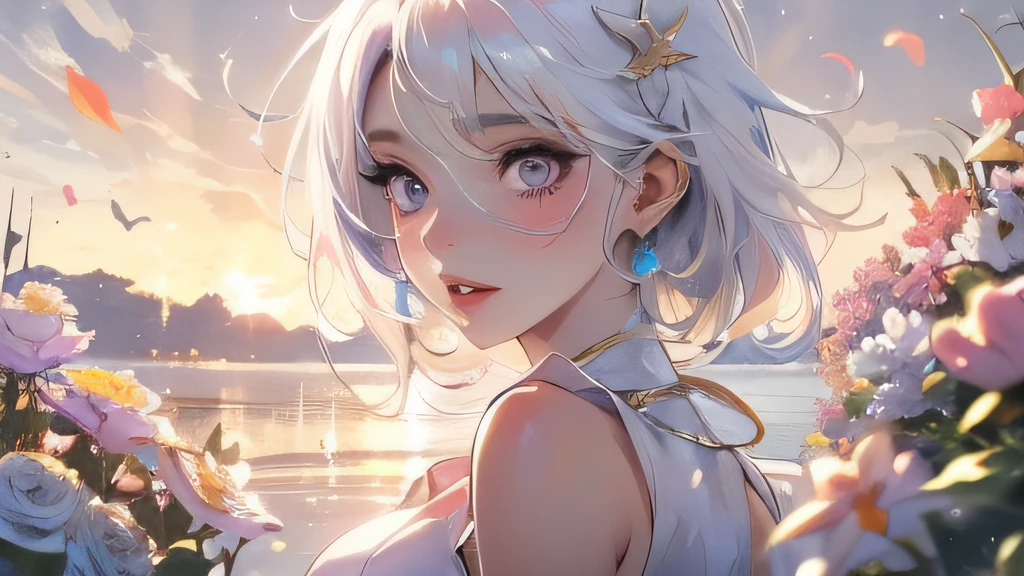 Realistic, 1girl, white hair, purple eyes, glowing eyes, cropped top, skirt, parted lips, blush, night, flowers, sun, sunlight, white skirt, short skirt, medium length hair, real, warm colors, white short Dress, white clothes, light background color, day environment, bright color background, saudi, ocean, cute,