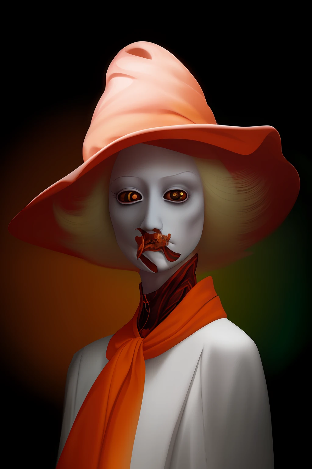 blond woman with orange hat and scarf posing for a picture, bug lips, inspired by Ray Caesar, portrait of albino mystic, photography alexey gurylev, photography alexey kurylev, by Andrei Kolkoutine, inspired by Ignacy Witkiewicz, by Ray Caesar, intense albino, by Pedro Pedraja, flora borsi, maxim sukharev