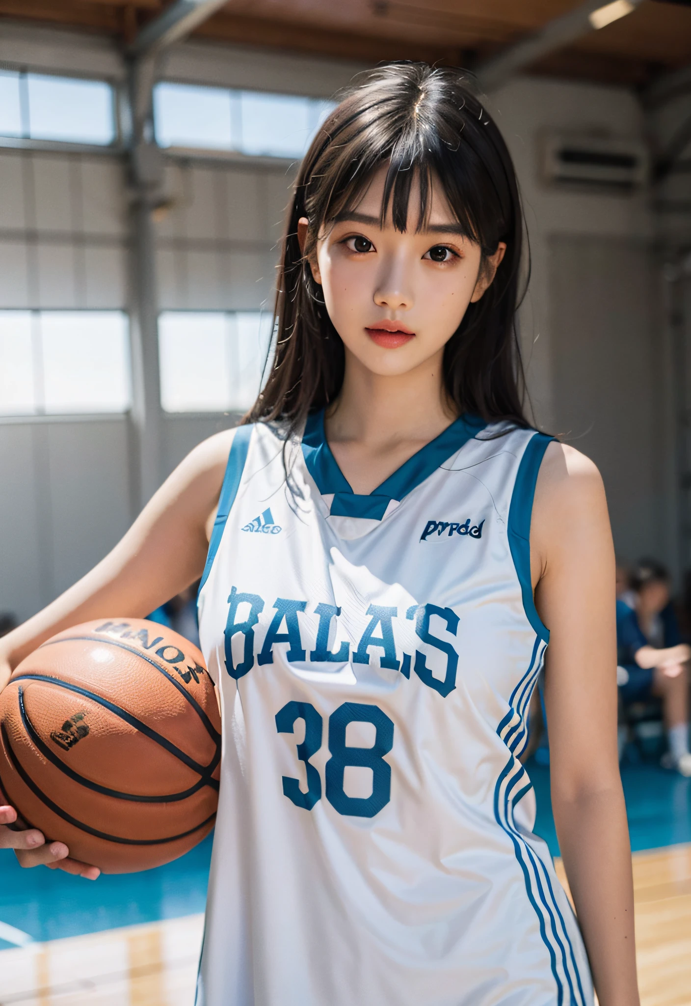(8K, RAW photos, best qualtiy, tmasterpiece:1.2),A high resolution,1girll,real looking skin,Dynamic light and shadow,Sharp focus,depth of fields,The eyes are delicate,pupil realistic, Playful expression, wear basketball uniform,perfect bodies,Bigchest,at basketball court,realisticlying, ultra - detailed, (shiny skins, perspired:1.4), looking at viewert,