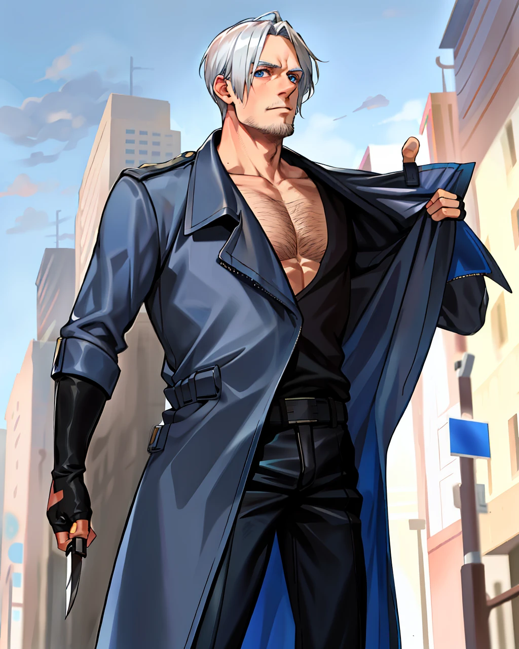 Silver hair, Blue eyes, Two-dimensional, Tall and burly, Mature and steady uncle, There are scars on the face,With a knife on his back,Wear a wide trench coat