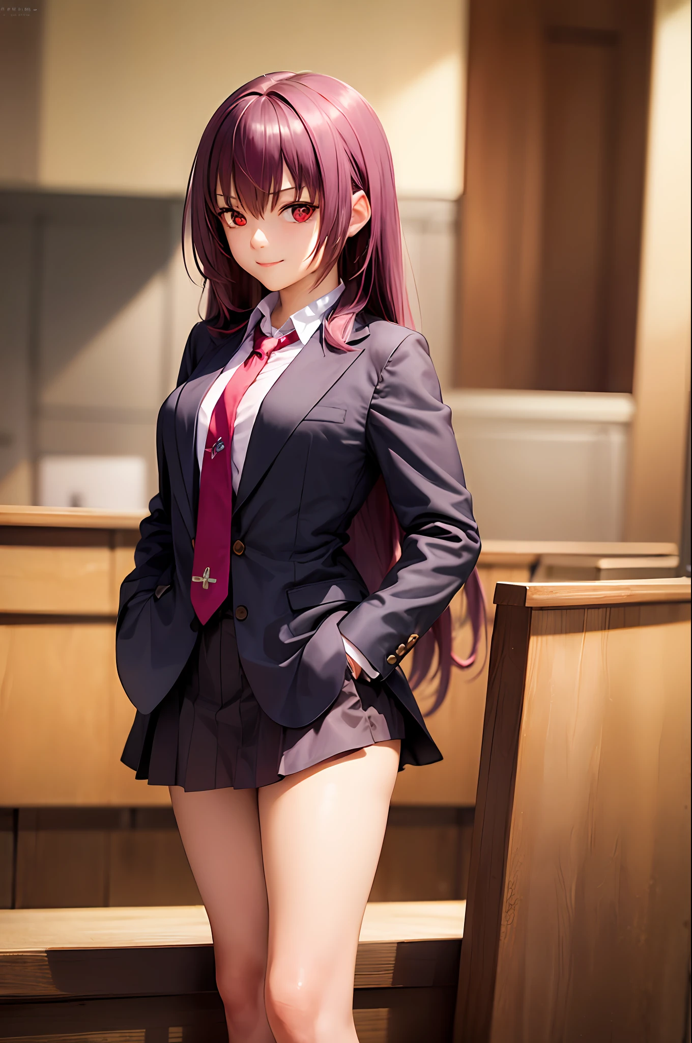 (masterpiece, best quality:1.2), cowboy shot, solo, 1girl, scathach \(fate\), smile, closed mouth, looking at viewer, hand in pocket, long purple hair, red eyes, formal, suit, necktie, black skirt