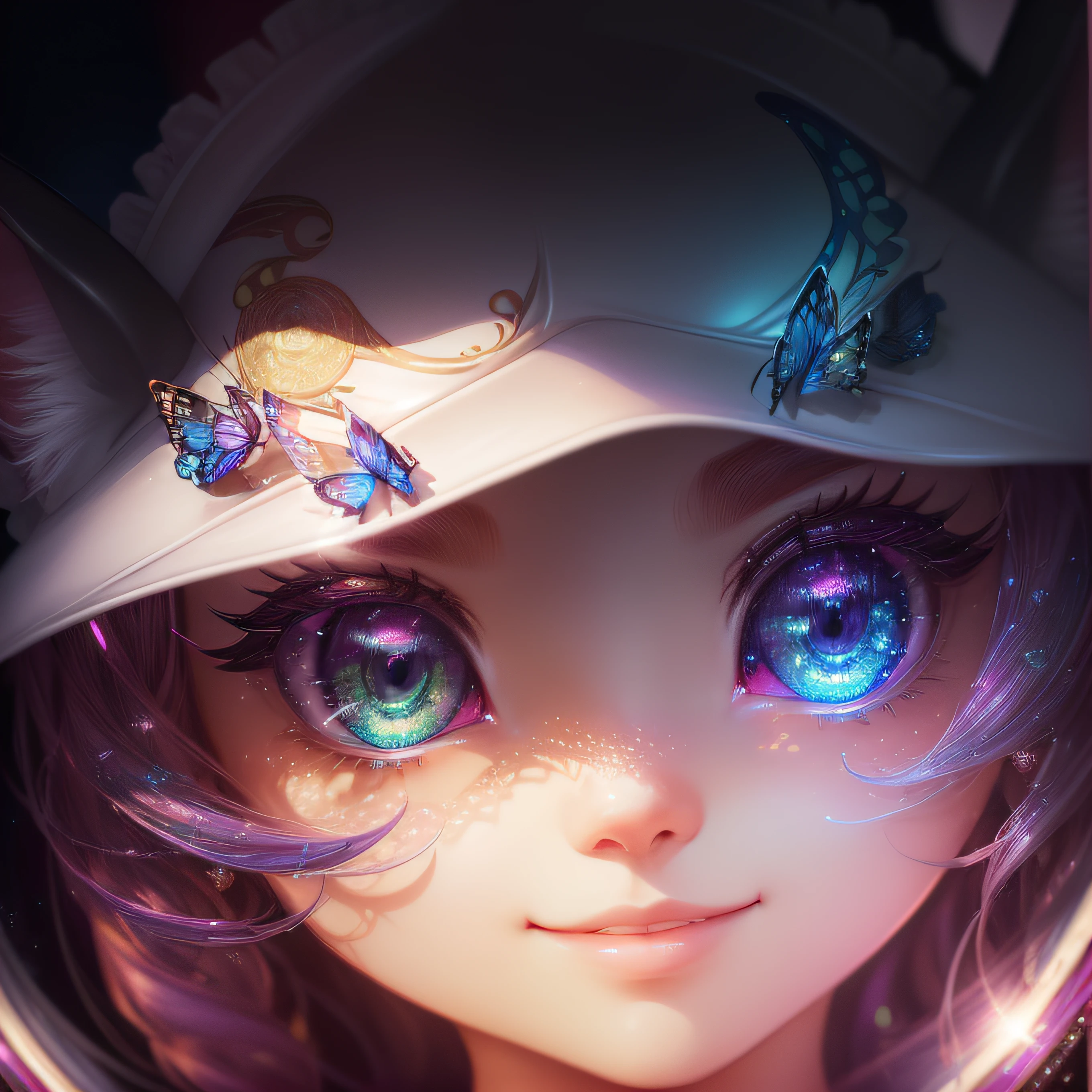beam、(eyes with a clear large round outline,,,,,、Sapphire green eyes,、Glowing eyes、Eye Gloss）（Smile with the corners of your mouth raised、Open lips、teeth are slightly visible、Pink lips、lipgloss）close-up of the smile face、grin、dreamlikeart、Highly detailed airbrush art、intricate detailes、Volumetric lighting、top-quality、The ultra-detailliert、The composition of the movement、Highly detailed colorful details、Irridescent color、Bright lighting、dream-like、Magical、dynamic compositions、The mirror reflects light、Shallow depth of field、ultra-detailliert、mixing  exposure、Super masterpiece、vivd colour、colourfull、One woman's face、I have a cute cat、Anthropomorphic representation、Rich colors、exquisitedetails、(butterflys,Exquisite butterflies,Ultra CG), (High resolution:1.5)、Colorful、Enchanting sunsets、Dynamic and breathtaking scenes、