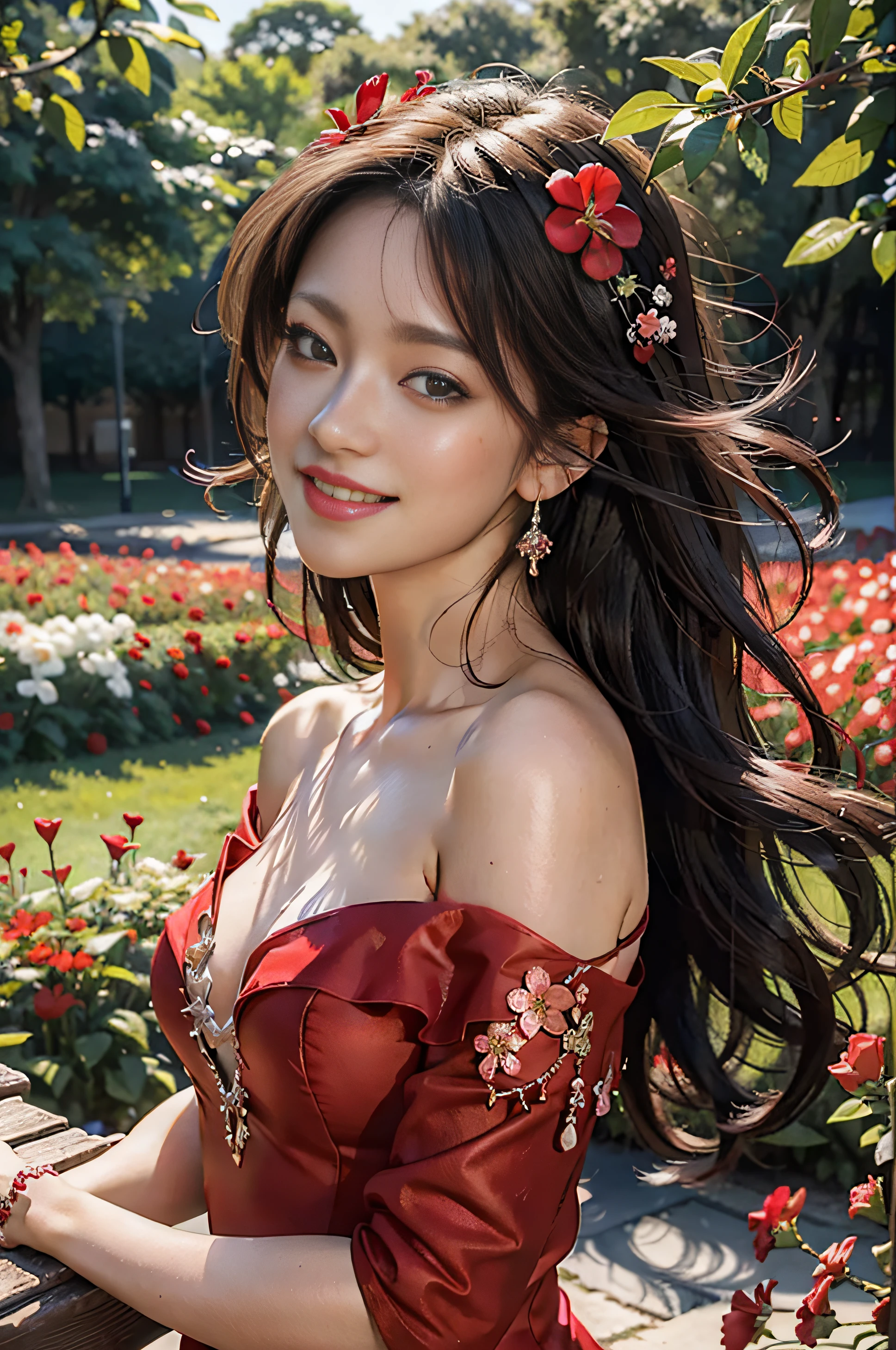 Best quality, masterpiece, ultra high res, (photorealistic:1.4), raw photo, 1woman, red dress, off shoulder, blossom flower field, glowing skin, light smile