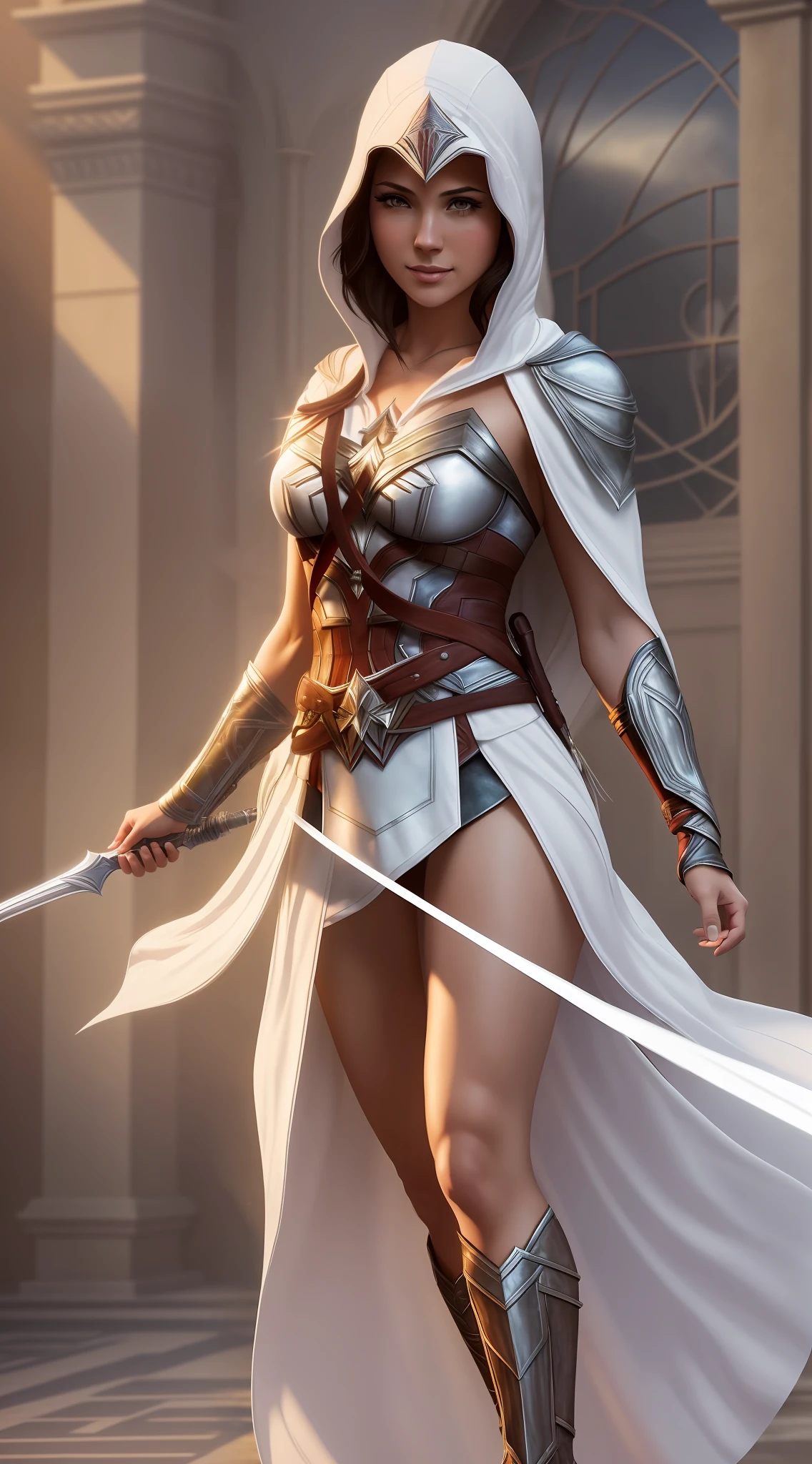 1girl, (masterpiece, top quality, best quality), wonder woman in assassins creed style, assassin white robe, (((white assassins creed cloak with hood))), (((hood on head))), ((hidden blades on wrists)), well-defined body, ample bosom, abs, long sport legs, boots on heels, black hair, hair bobbles, wince, longeyelashes, solid circle eyes, light smile, Renaissance, drop shadow, reflection light, god rays, sparkle, border, award winning, high quality, super detail, anatomically correct, masterpiece, highres, 8k, atmospheric perspective, masterpiece