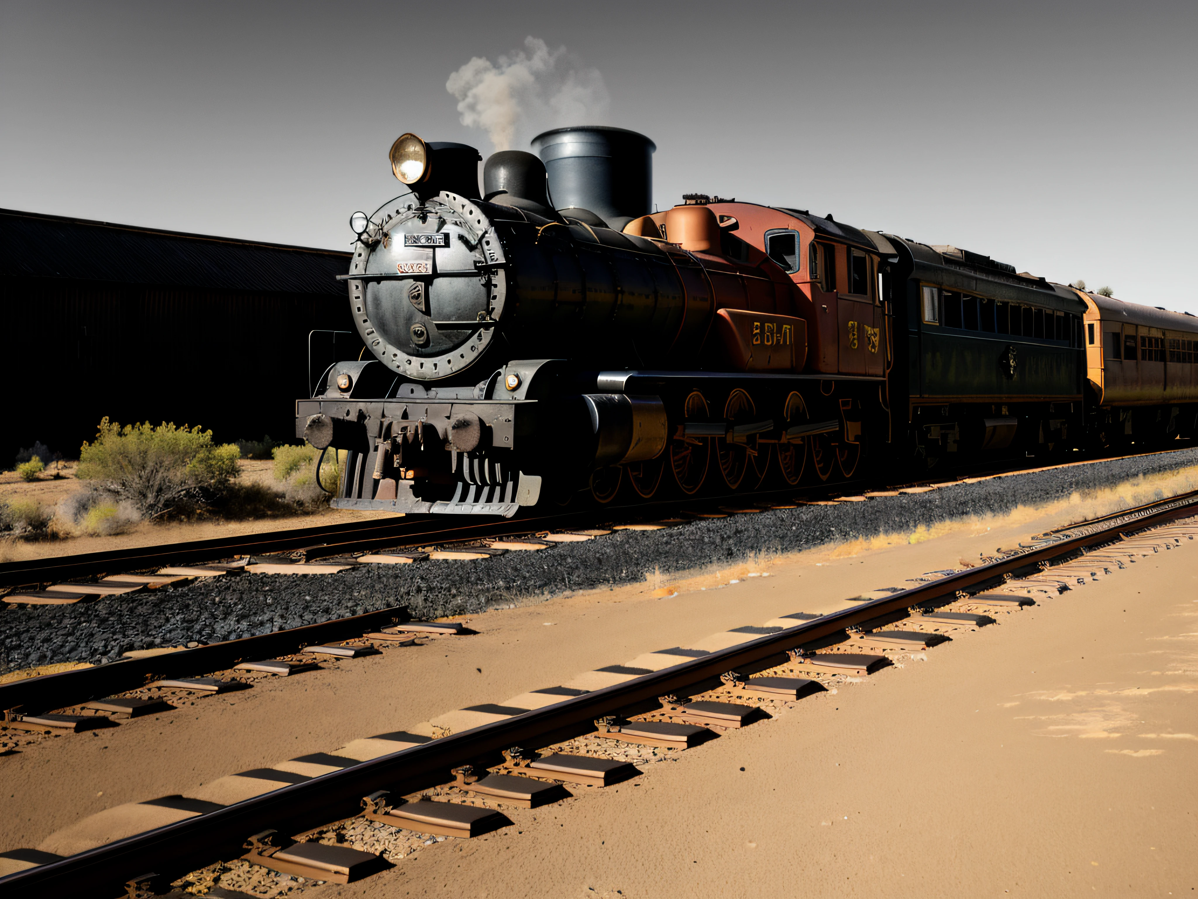 An old steam train, its iron body weathered and worn by the passage of time, chugs along a deserted track that stretches endlessly into the far west. The landscape surrounding the train is a vast expanse of arid desert, with red-orange sand dunes rising and falling like waves frozen in time. The train emits billows of thick black smoke, engulfing the scene in an air of nostalgia and adventure. The warm golden light of the setting sun casts long shadows across the landscape, enhancing the rugged textures and creating a sense of mystery and anticipation. The scene is captured in the style of Ansel Adams, with rich black and white tones that accentuate the train's rustic charm and the stark beauty of the desert. Fujicolor, god rays, Canon, 35mm, f/2.8, super detail, high details, best quality, award winning, 16k, ccurate, masterpiece