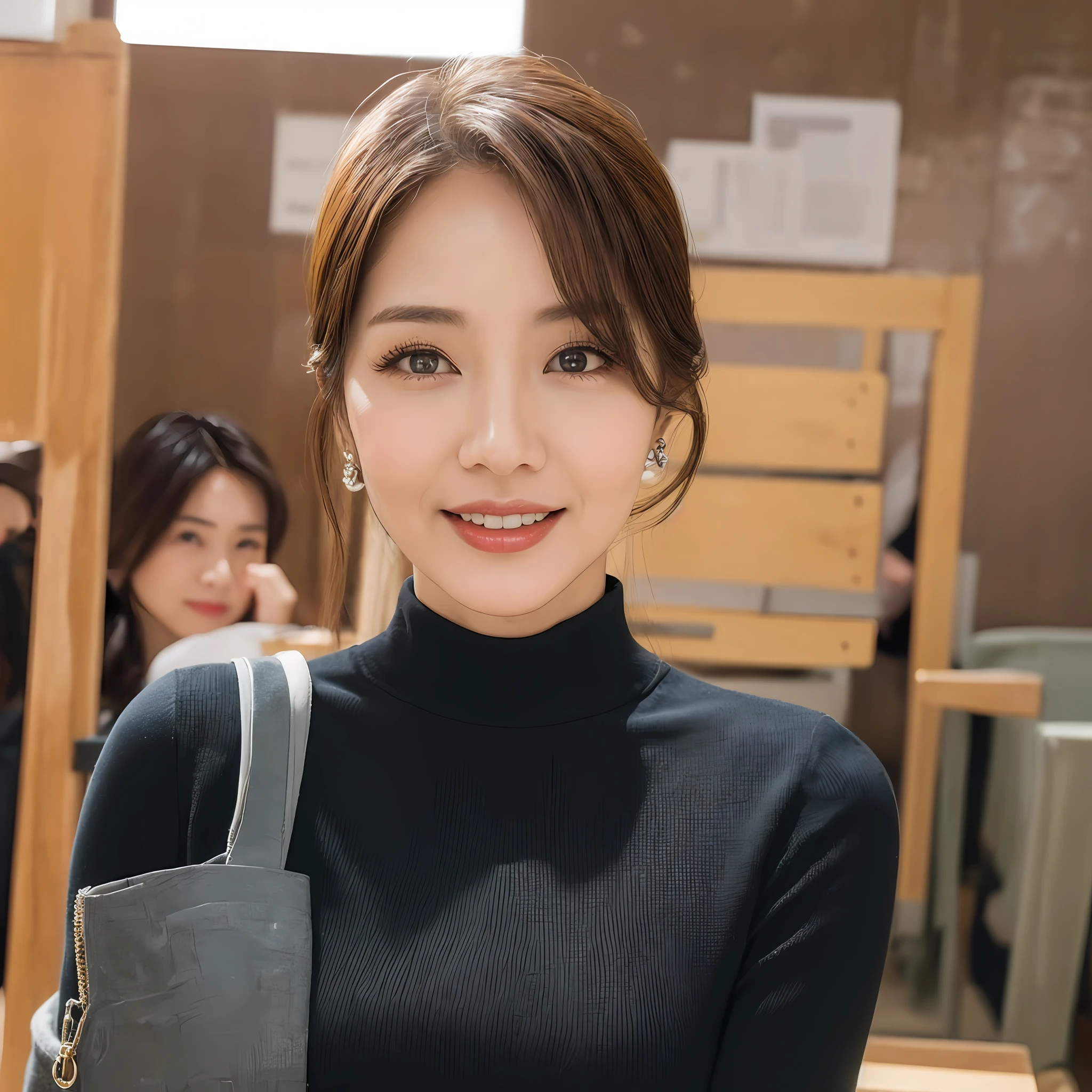 ((top quality, 55-year-old mother, masterpiece: 1.3)), 55-year-old woman with a bag: 1.1, sharp focus: 1.2, cute beautiful woman with a perfect body: 1.4, slim: 1.2, ((classroom, class visit: 1.2)), (black full-length dress, less exposed, happy look, seduction: 1.2), ((school, classroom: 1.3 making of women)), Highly detailed face and skin texture, detailed eyes, double eyelids, 55 year old housewife, son visiting classes, class visit days, bag over one shoulder