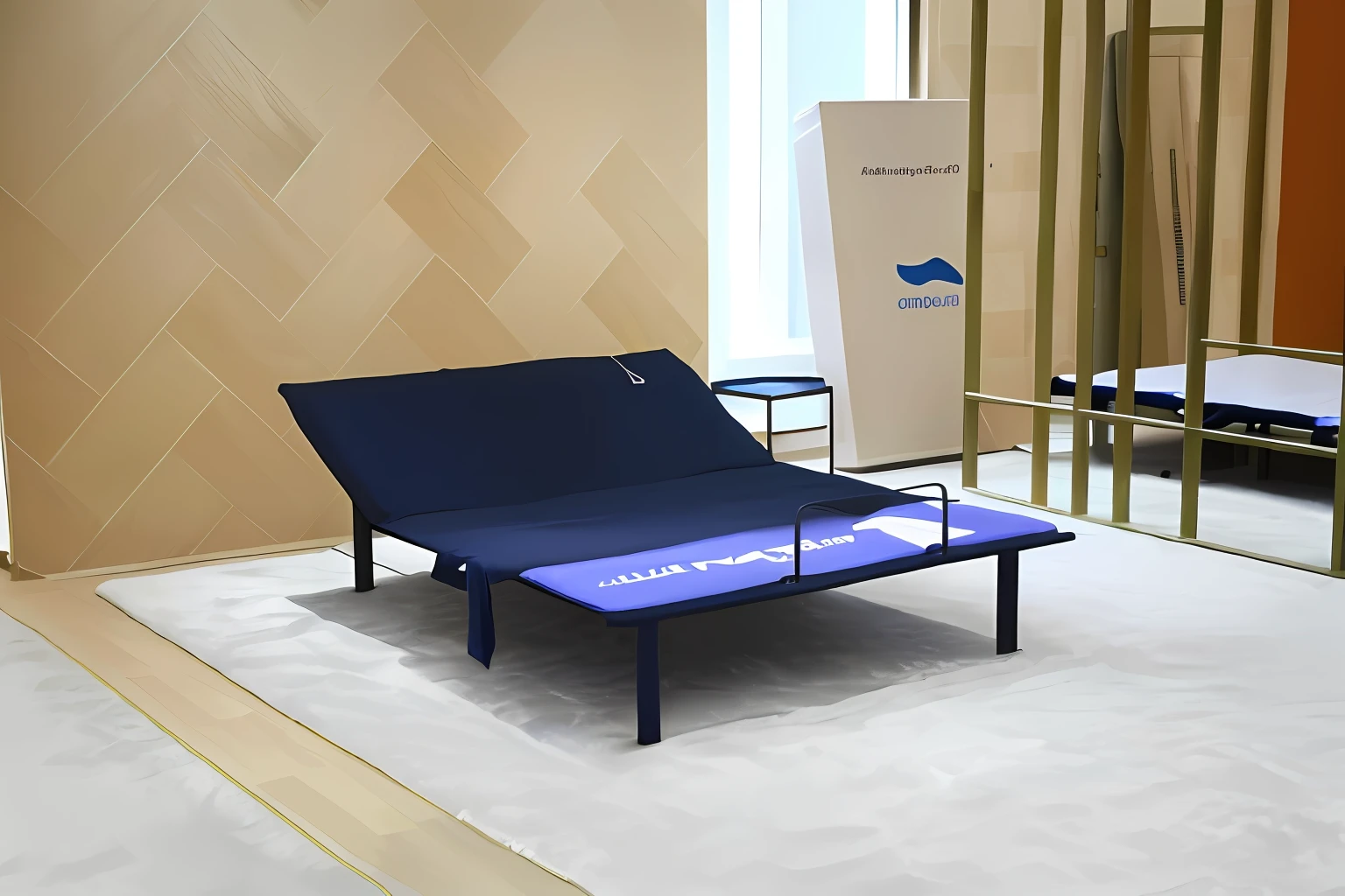 There is a blue bed on the white carpet, the photo shows a large, high-quality photo,wide high angle view, a wide full shot,