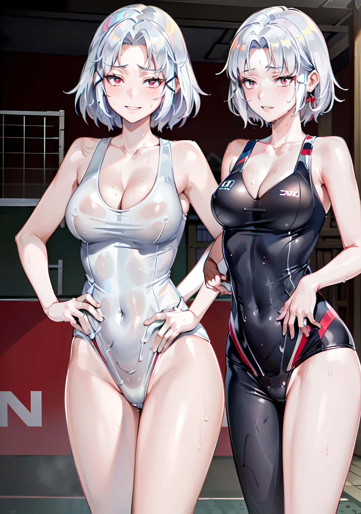 ((((masterpiece, best quality, high resolution)))), 1girl, white hair, red eyes, short wavy hair, average breasts, blush, light smile, parted lips, glow, thighs, bare shoulders, collarbone, narrow waist, cleavage, (beautiful detailed face, beautiful detailed eyes), volleyball uniform, sweat, dripping wet, wet clothes, see-through, volleyball court
