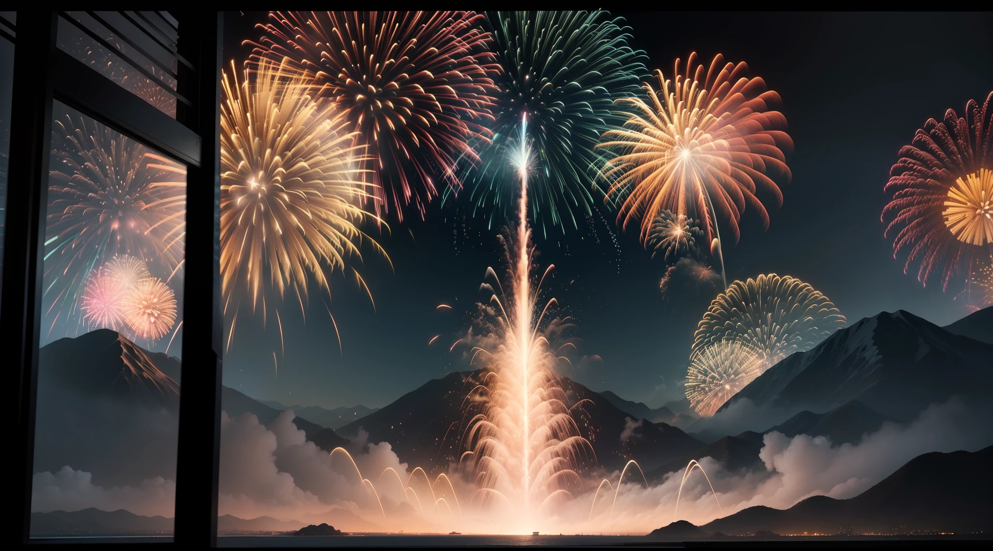 Gorgeous, flashy beautiful fireworks、Dynamic、Dynamism、Towering above Yakushima、Photorealism Based Details Widget 1.3、Ultra-detailed depiction、Cinematic shots with HDR effect、Vignette and center screen、Generate in automatic mode