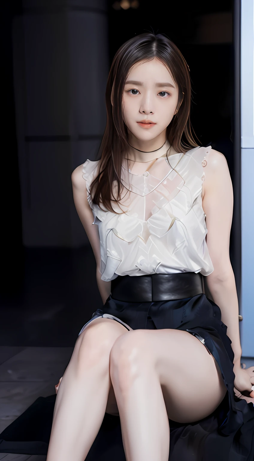 1 girl in(8K、Raw photography、top-quality、masterpiece:1.2)、(realisitic、realisitic:1.37)、ultra-detailliert、Full body shot、realistic eyes and face details、natural skin textures、Dark eyebrows、(((thighs thighs thighs thighs、cross one's legs)))、Fair skin、A detailed face、真实感、Realistic background、Realistic lighting、Sweaty skin