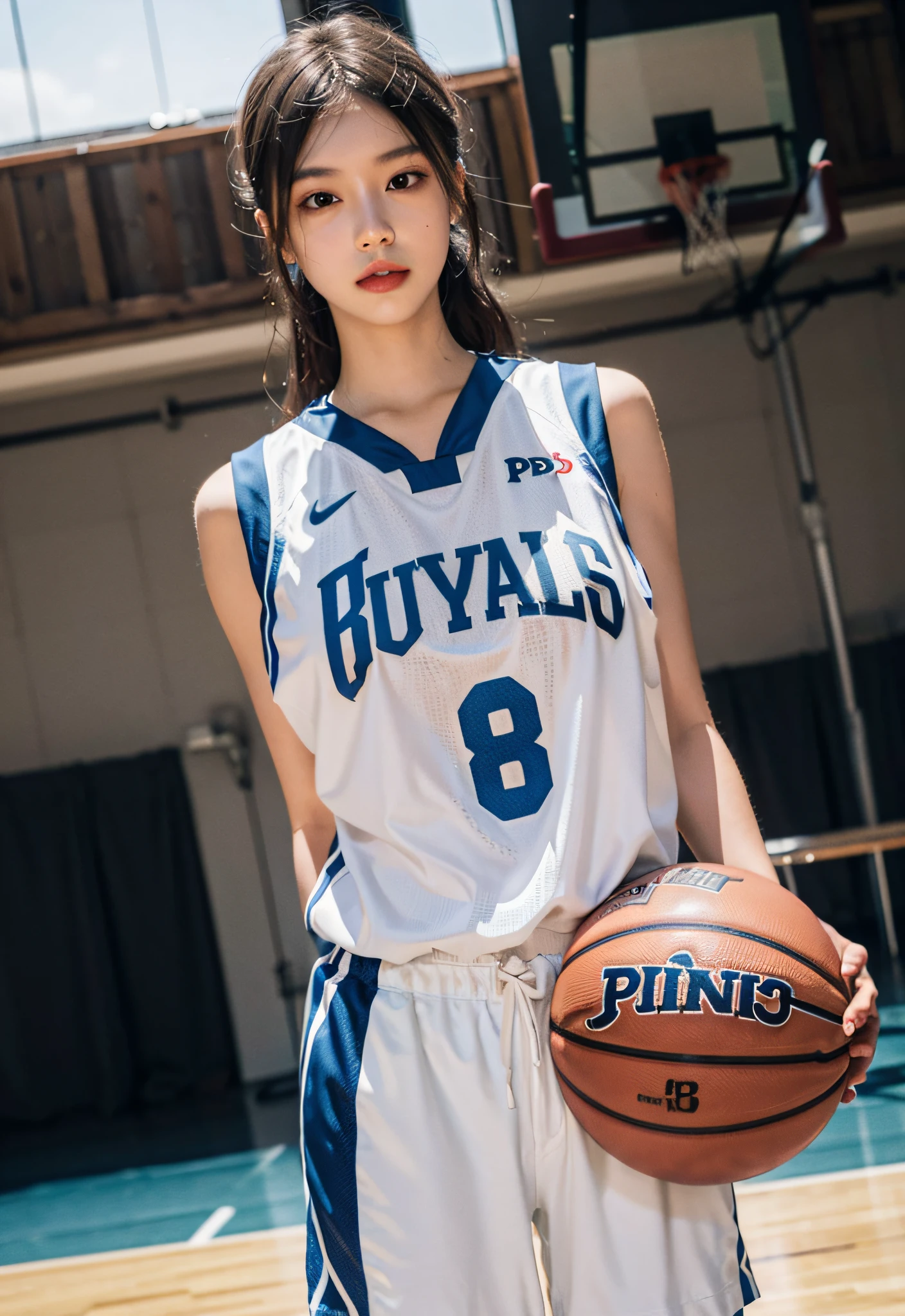 (8K, RAW photos, best qualtiy, tmasterpiece:1.2),A high resolution,1girll,real looking skin,Dynamic light and shadow,Sharp focus,depth of fields,The eyes are delicate,pupil realistic, Playful expression, wear basketball uniform,perfect bodies,Bigchest,at basketball court,realisticlying, ultra - detailed, (shiny skins, perspired:1.4), looking at viewert,