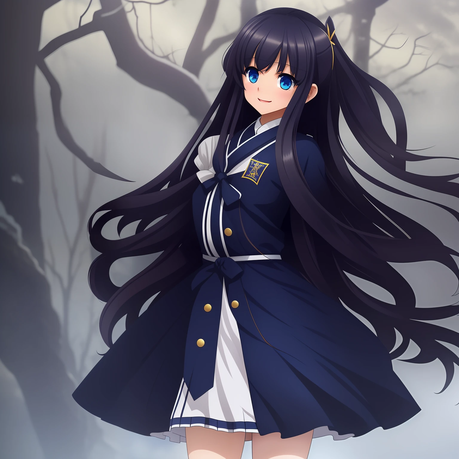 Imagine a standing statue in the game on a white background。The whole body is in the picture.、It is a pose where you are standing alone。In a novel game atmosphere、A long-haired schoolgirl with black hair appears。She is a neat and clean mature woman.、Wearing a dark blue Japan uniform。The eyes are looking straight ahead.、Very bright and smiling。