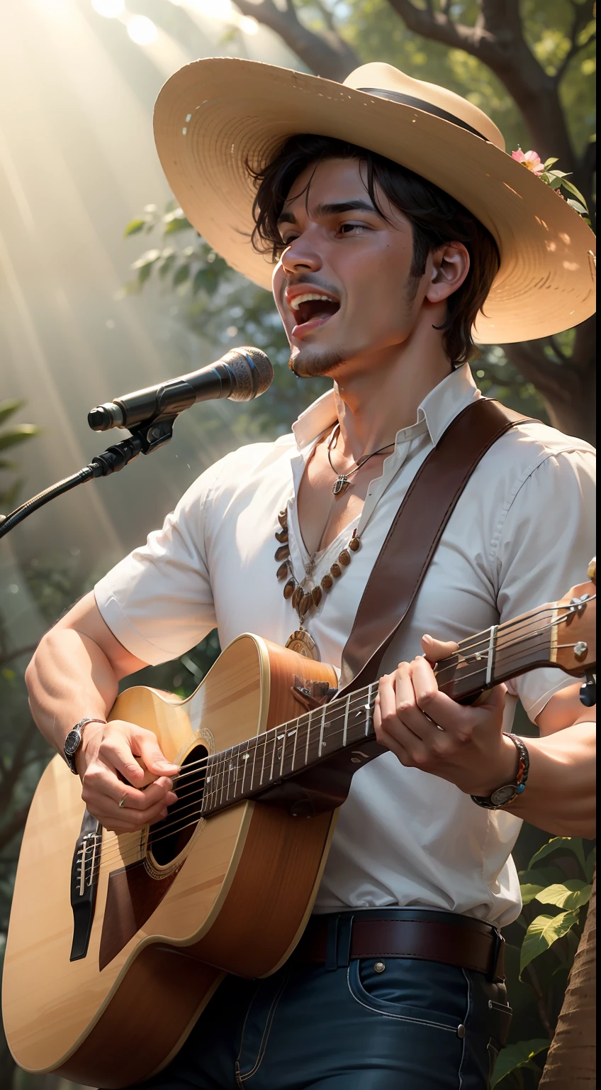 Imagine um cantor sertanejo idoso renomado, with passionate expression on his face, tocando uma guitarra antiga com detalhes intrincados, as the sun's rays filter through the trees on a sunny afternoon.