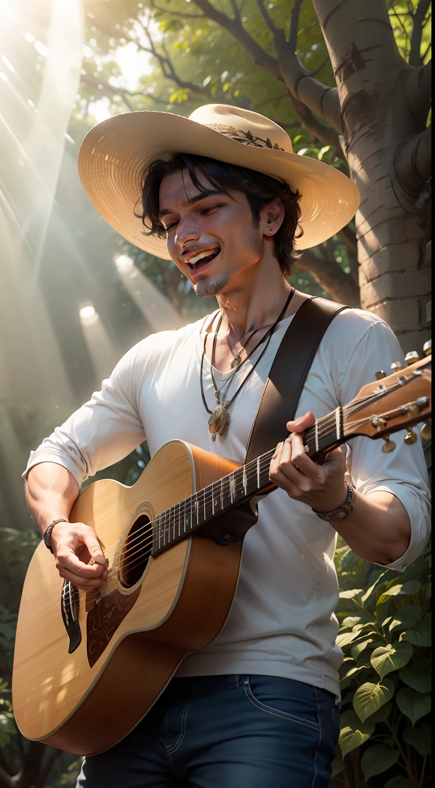 Imagine um cantor sertanejo idoso renomado, with passionate expression on his face, tocando uma guitarra antiga com detalhes intrincados, as the sun's rays filter through the trees on a sunny afternoon.