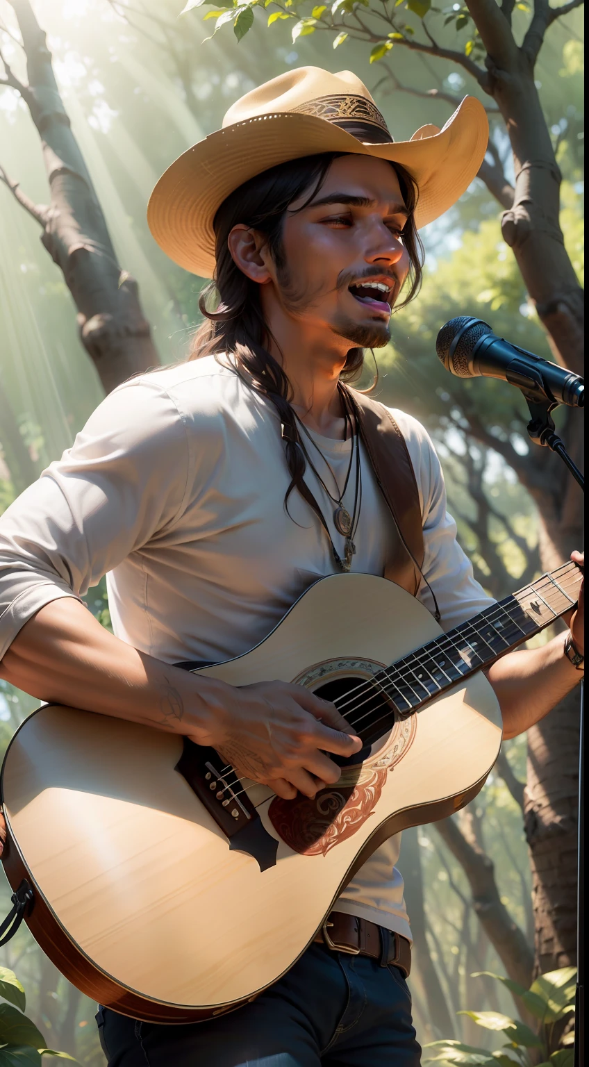 Imagine um cantor sertanejo idoso renomado, with passionate expression on his face, tocando uma guitarra antiga com detalhes intrincados, as the sun's rays filter through the trees on a sunny afternoon.