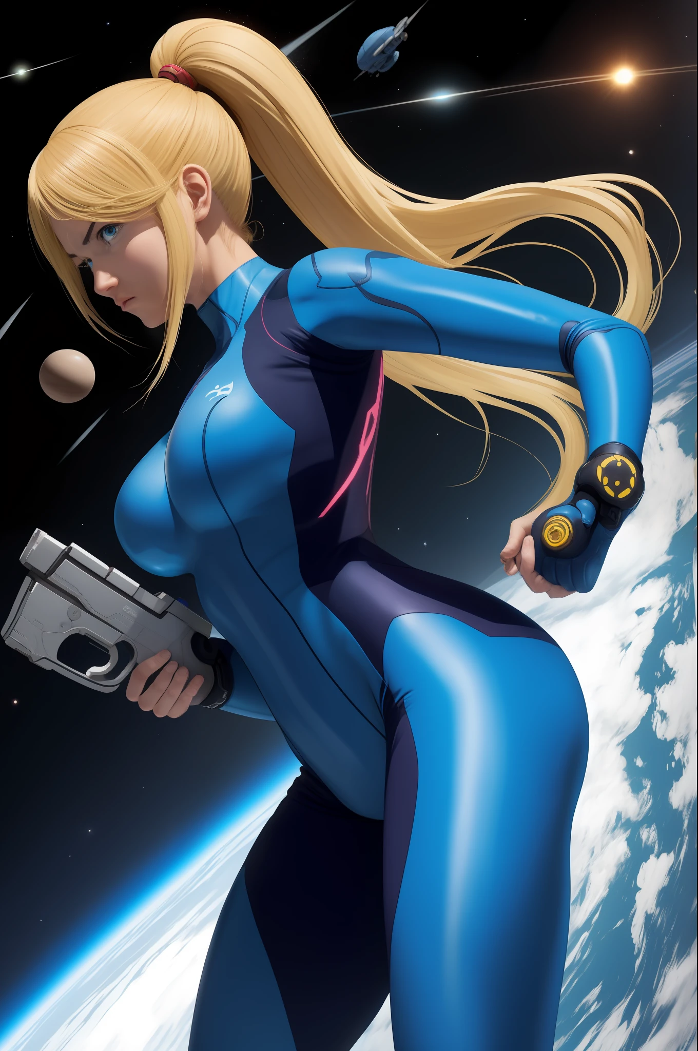 masterpiece, best quality, samus aran, ponytail, hair tie, blue bodysuit, upper body, looking at viewer, furrowed brow, holding handgun, hand to hip, outer space