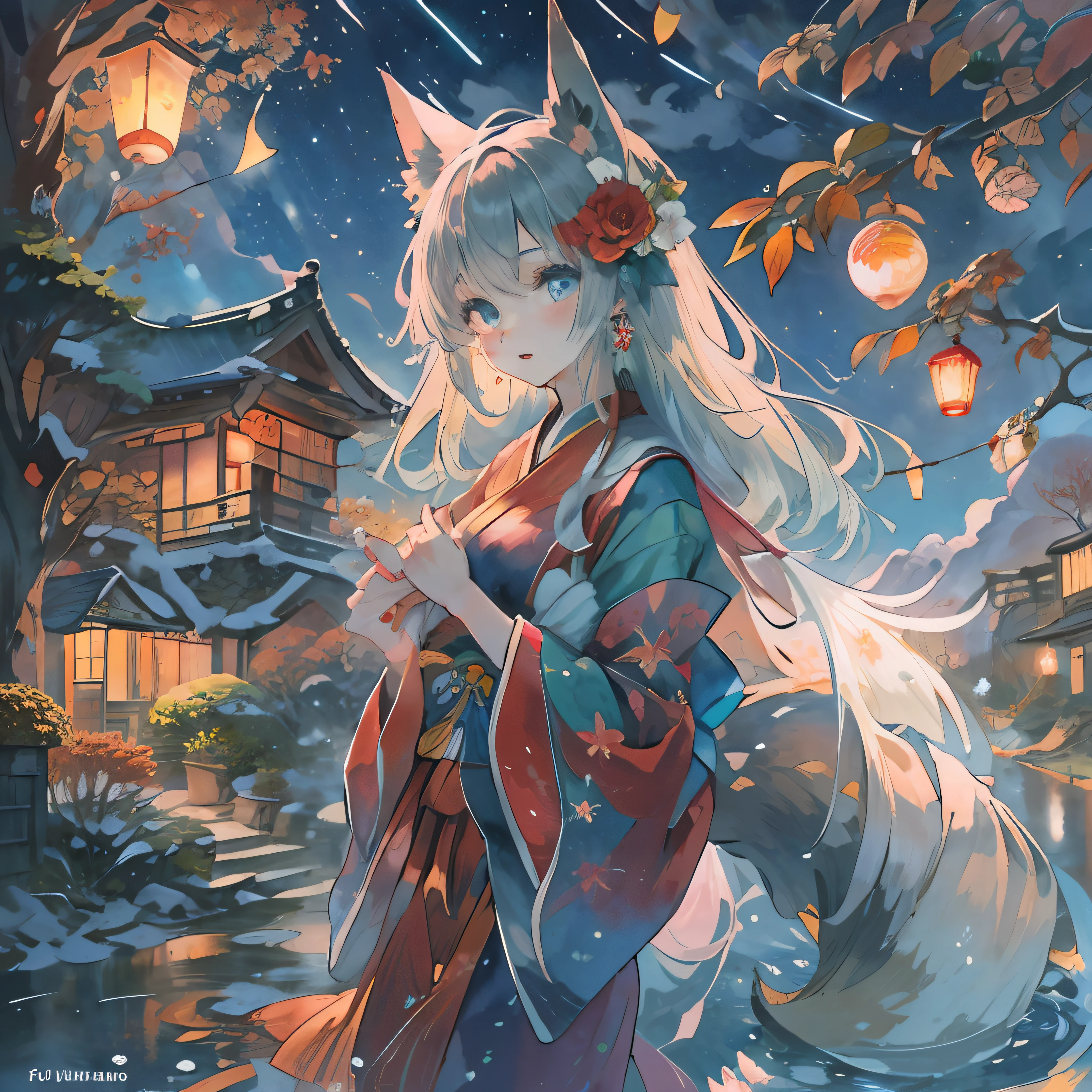 1girl, (fox ears:1.1), shirakami fubuki, looking at viewer, jewelry, ribbon, ribbon-trimmed sleeves, long hair, white, aqua eyes, watercolor (medium), colored pencil (medium), green bow, (blue rose:1.1), earrings, mountain, dusk, autumn leaves, ((autumn)), chinese clothes, clouds, east asian architecture, bird, expressionless, building, red rose, rose, snow, snowflakes, fire, (nagishiro mito:1.2), sky, blue sky, red moon, fox tail, fox mask, red dress, wet, rain, water, white flower, blue flower, yellow flower, shooting star, starry sky, tree, green background, rainbow, blood, house, street, (river:0.8), (ocean:0.8),(waterfall:0.8), hand on own chest, lamppost, lights, (night:1.255), hitodama