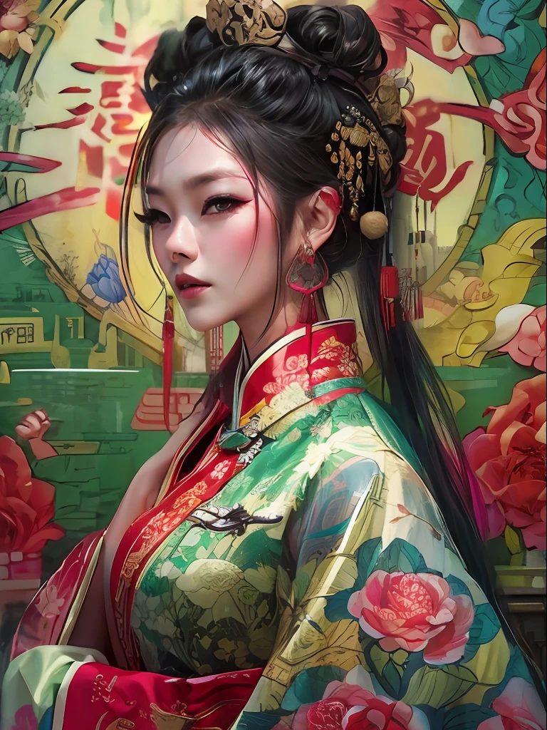 HighestQuali，tmasterpiece：1.2，Detailed details，4K，Beautiful woman in traditional Chinese costume displayed on the wall in street art style