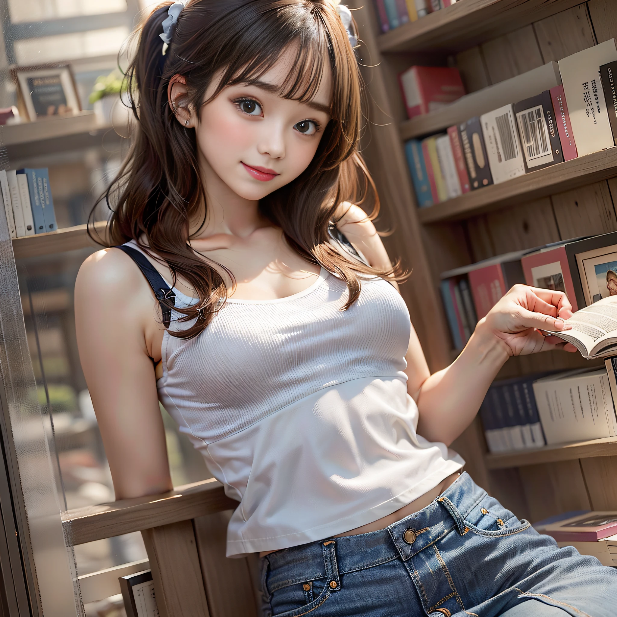A beauty、Cheerful girl,a baby face,Wear yours with a translucent camisole and skinny denim skirt(full bodyesbian,With a cropped T-shirt、Bra comparison,She has a slender figure,Smaller bust)。She reads intently,Surrounded by bookcases(Filled with a large number of books),The whole picture is surreal。