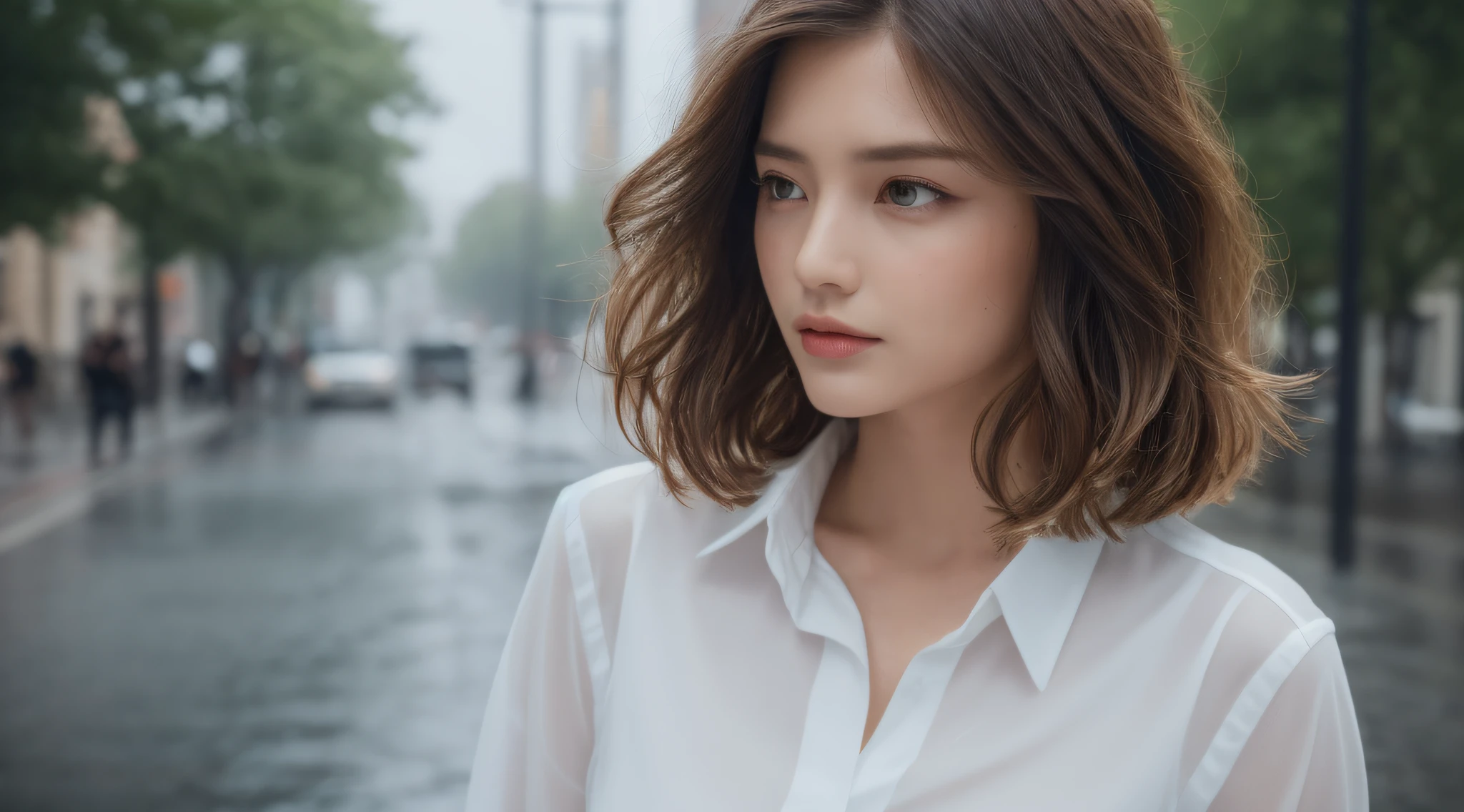 ((Best Quality, 8K, Masterpiece: 1.3)), Sharp: 1.2, Perfect Body Beauty: 1.4, Slim Abs: 1.2, ((Layered Hairstyle, Big Breasts: 1.2)), (Wet White Button Long Shirt: 1.1), (Rain, Street: 1.2), Wet: 1.5, Highly detailed face and skin texture, detailed eyes, double eyelids, side face looking at the camera